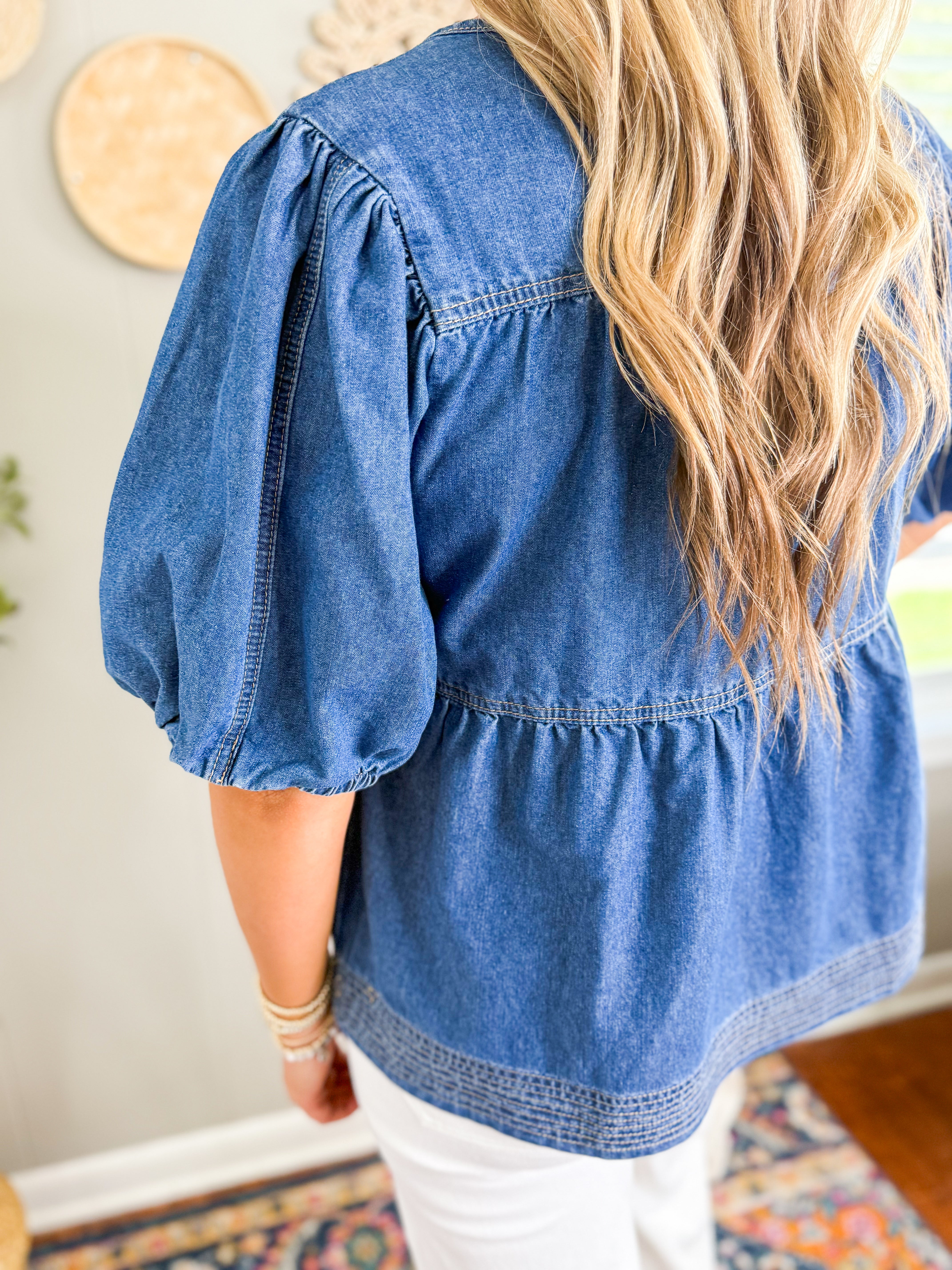 Soft Washed Denim Puff Sleeve Blouse