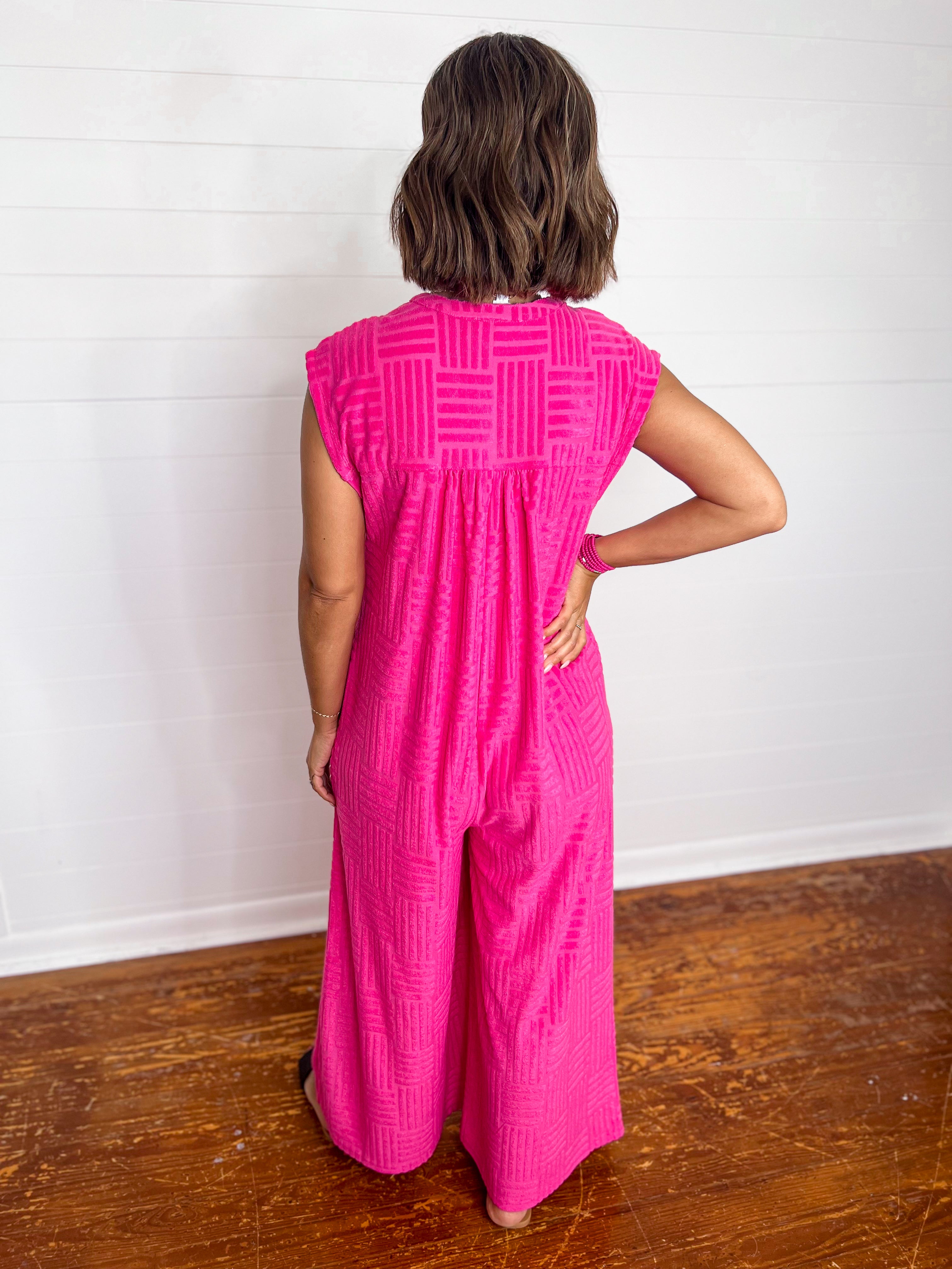 Hot Pink Textured Sleeveless Jumpsuit