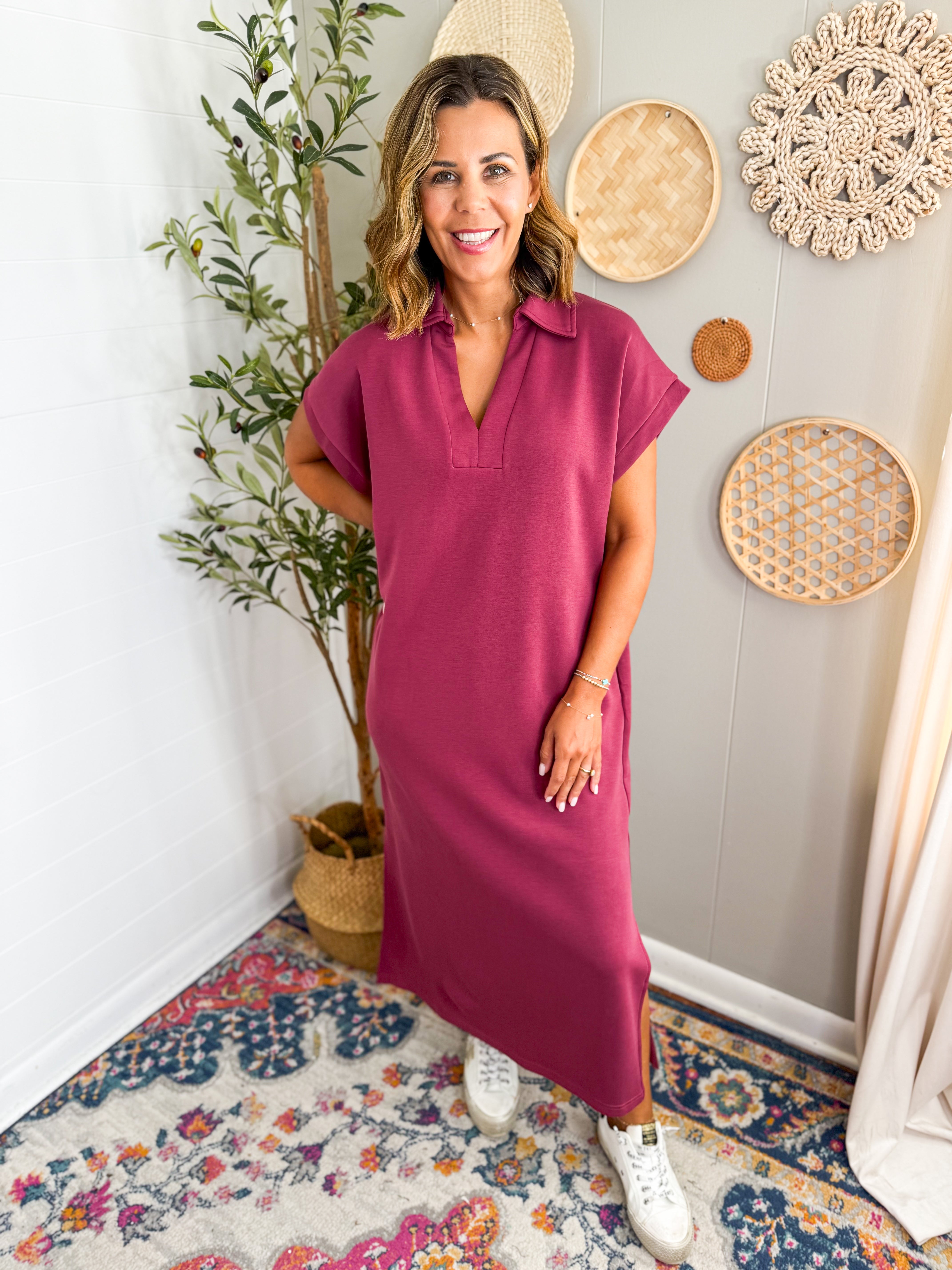 Short Sleeve V-Neck Collared Midi Dress