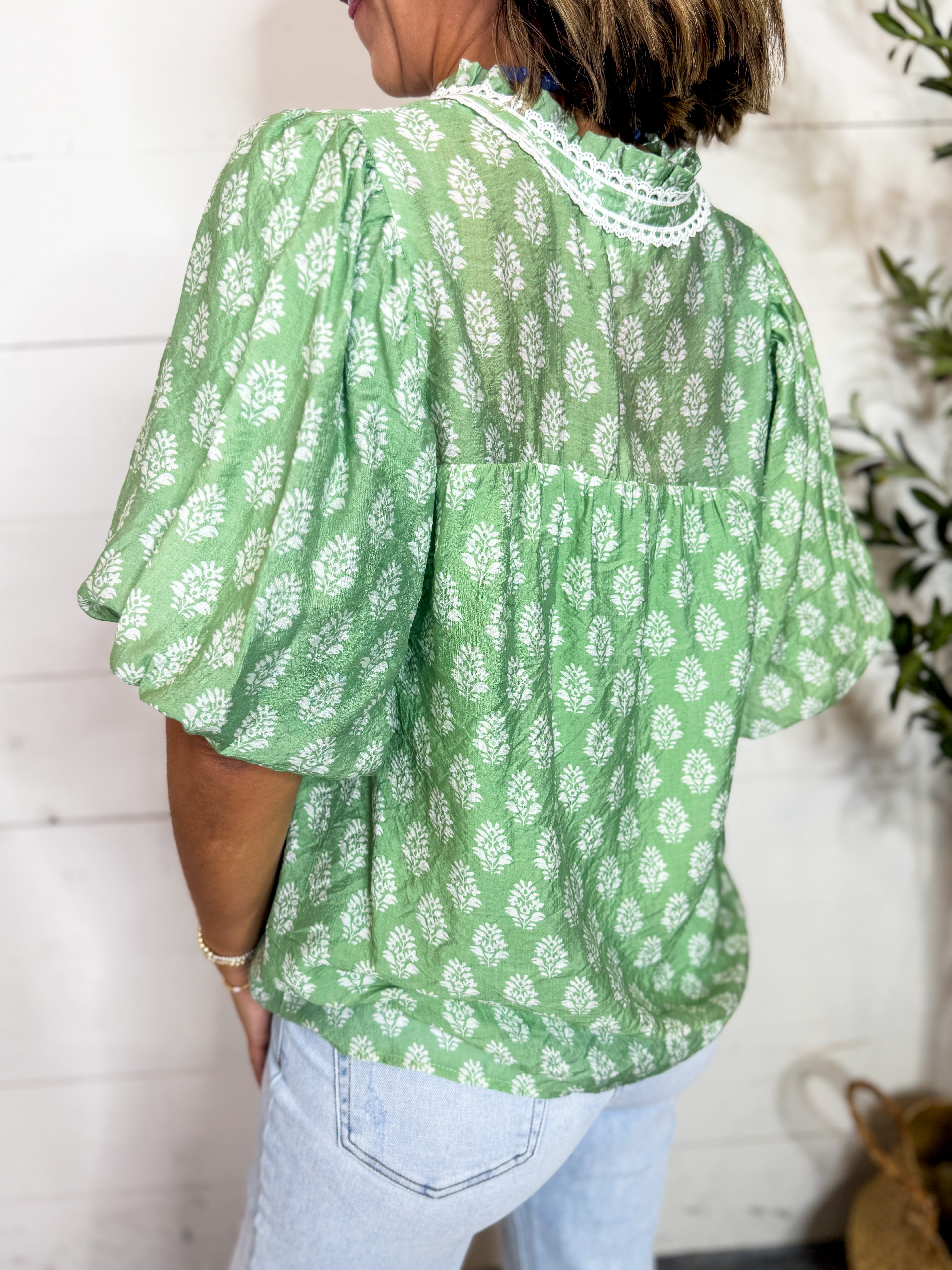Abstract Print Top With Lace Trim