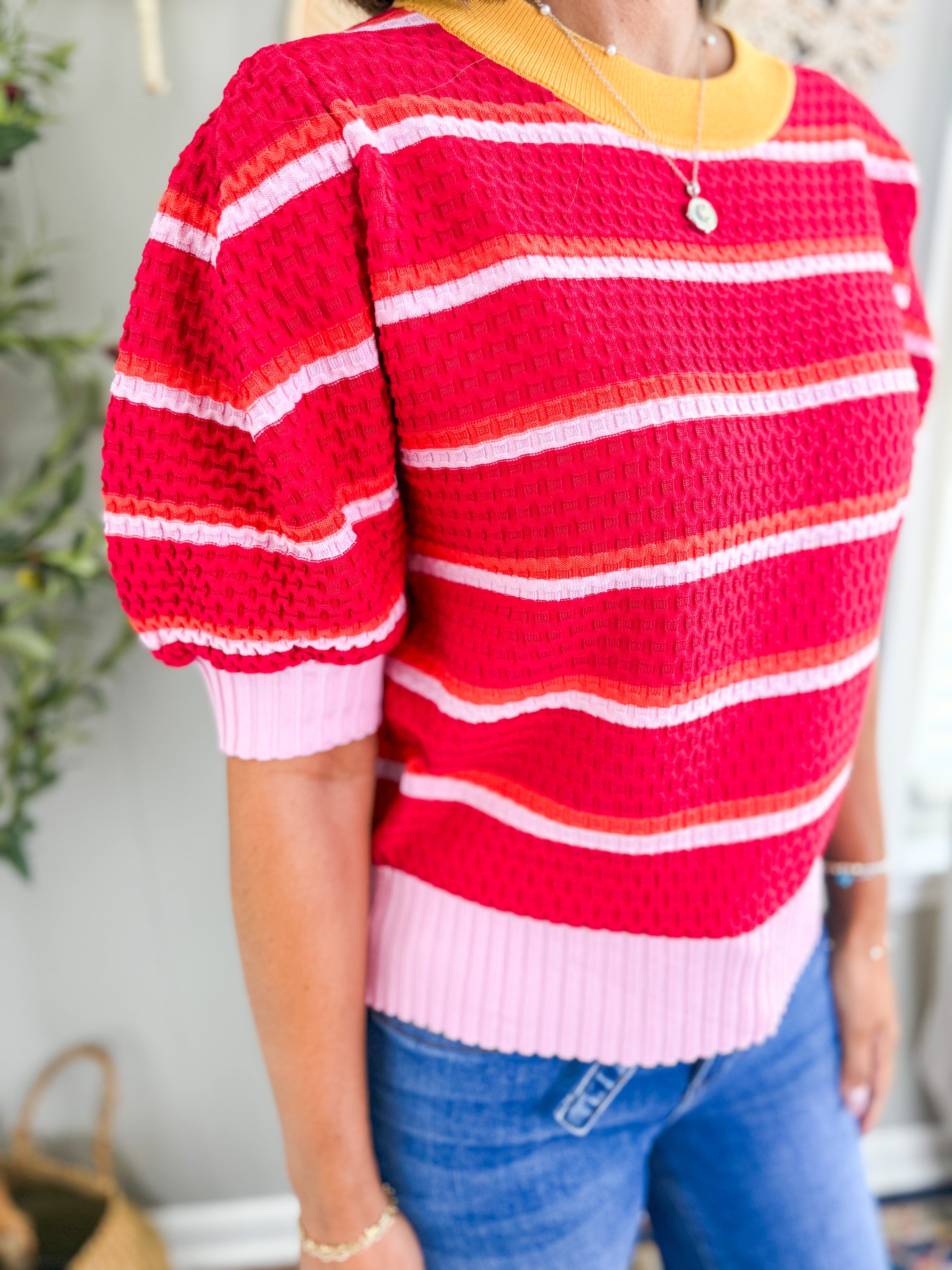 Textured Stripe Knit Crew Sweater