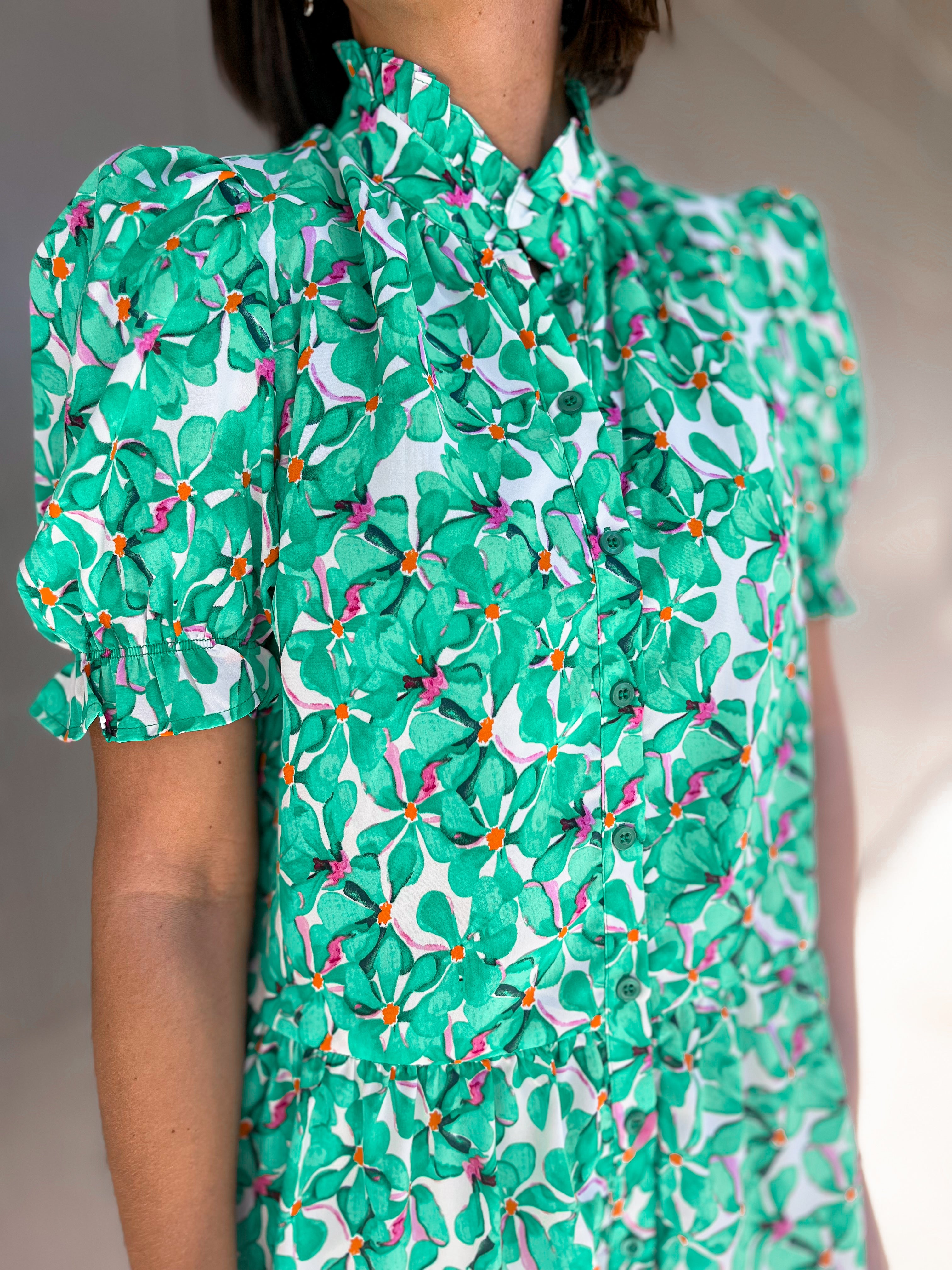 Green Floral Print Ruffle Neck Button Front Dress