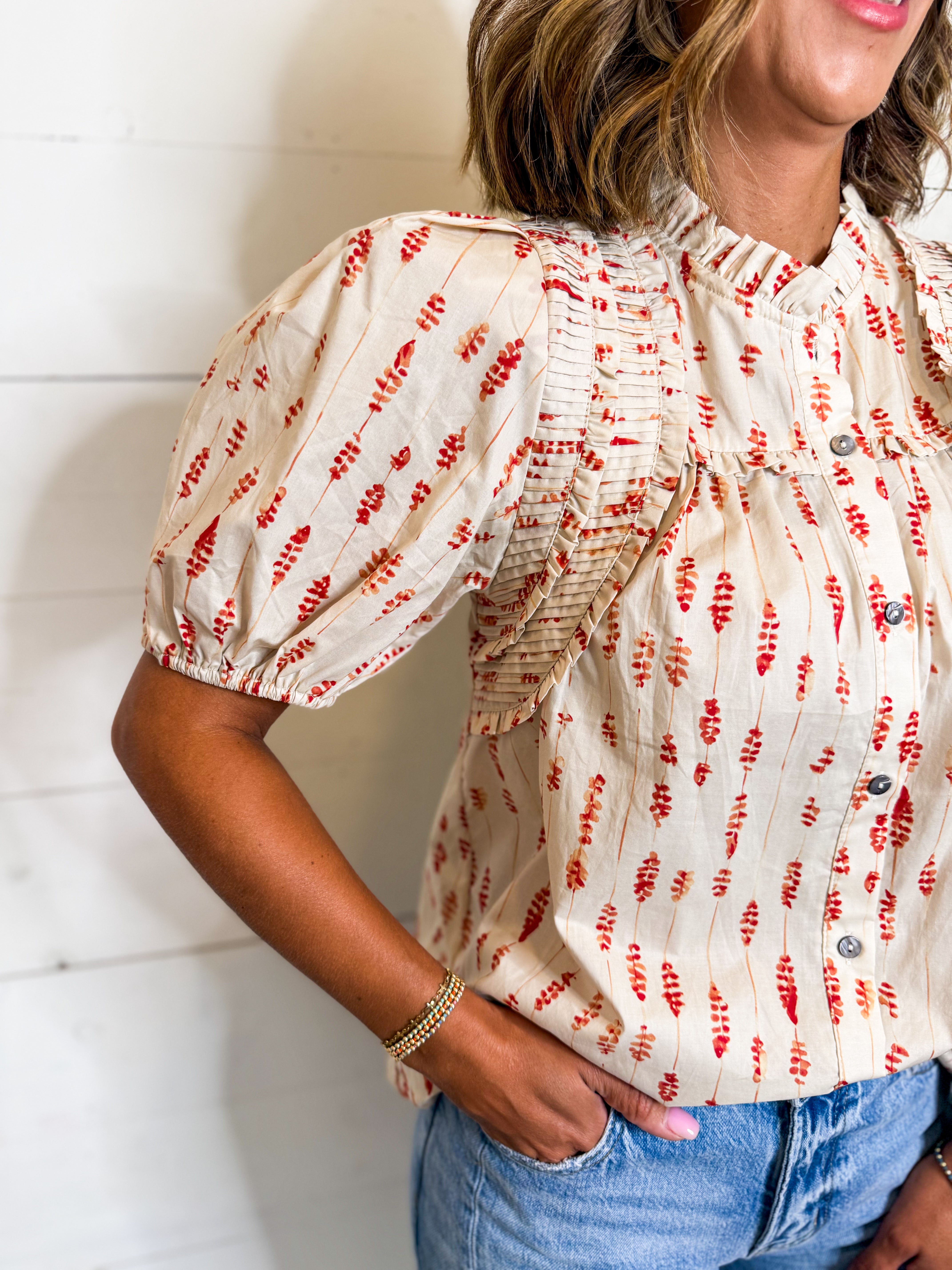 Ecru Printed Blouse With Ruffle Detail