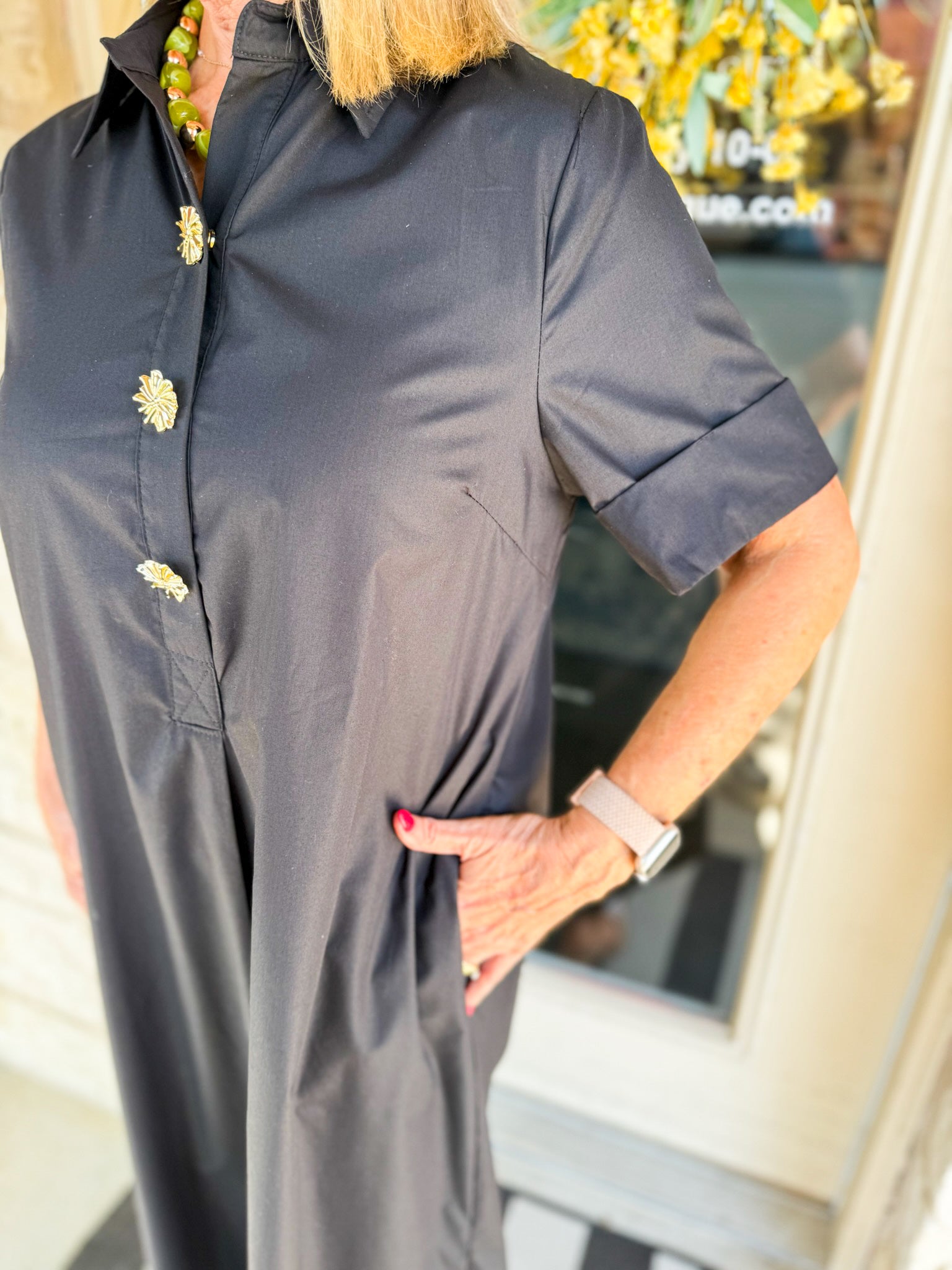 Short Sleeve Midi Dress W/ Gold Buttons
