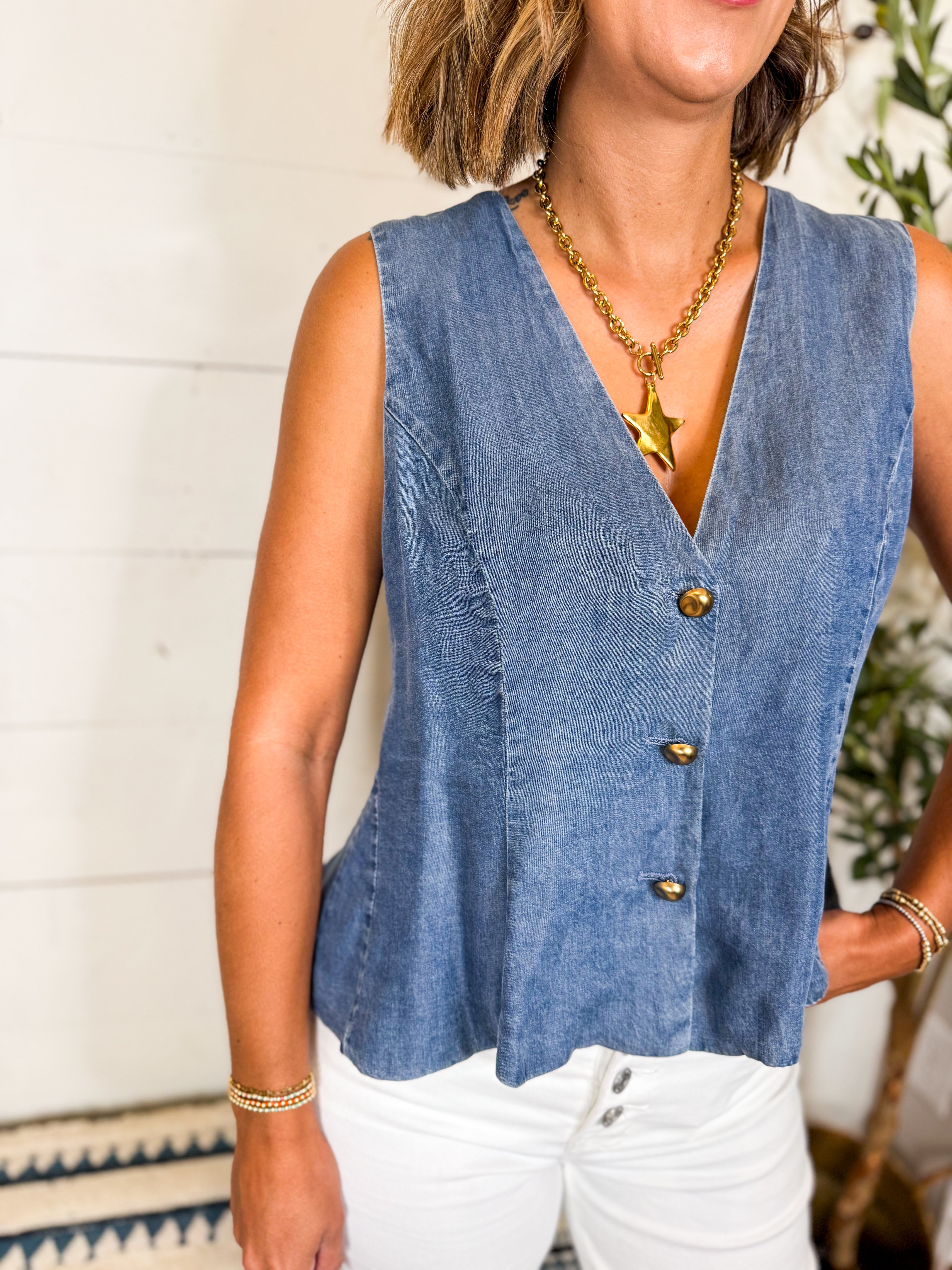 Denim Peplum Button Front Vest