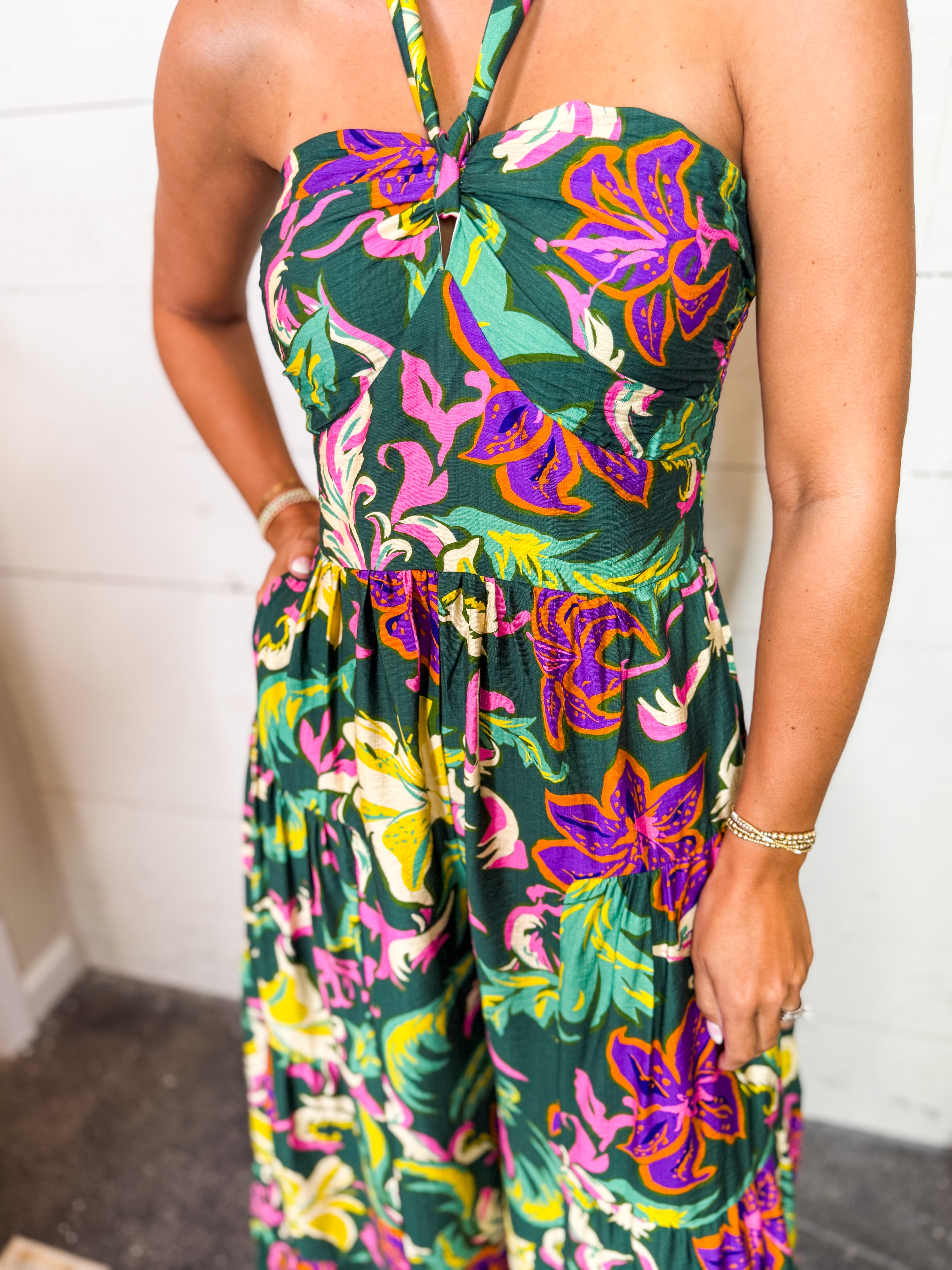 Floral Pattern Tie Back Tiered Jumpsuit