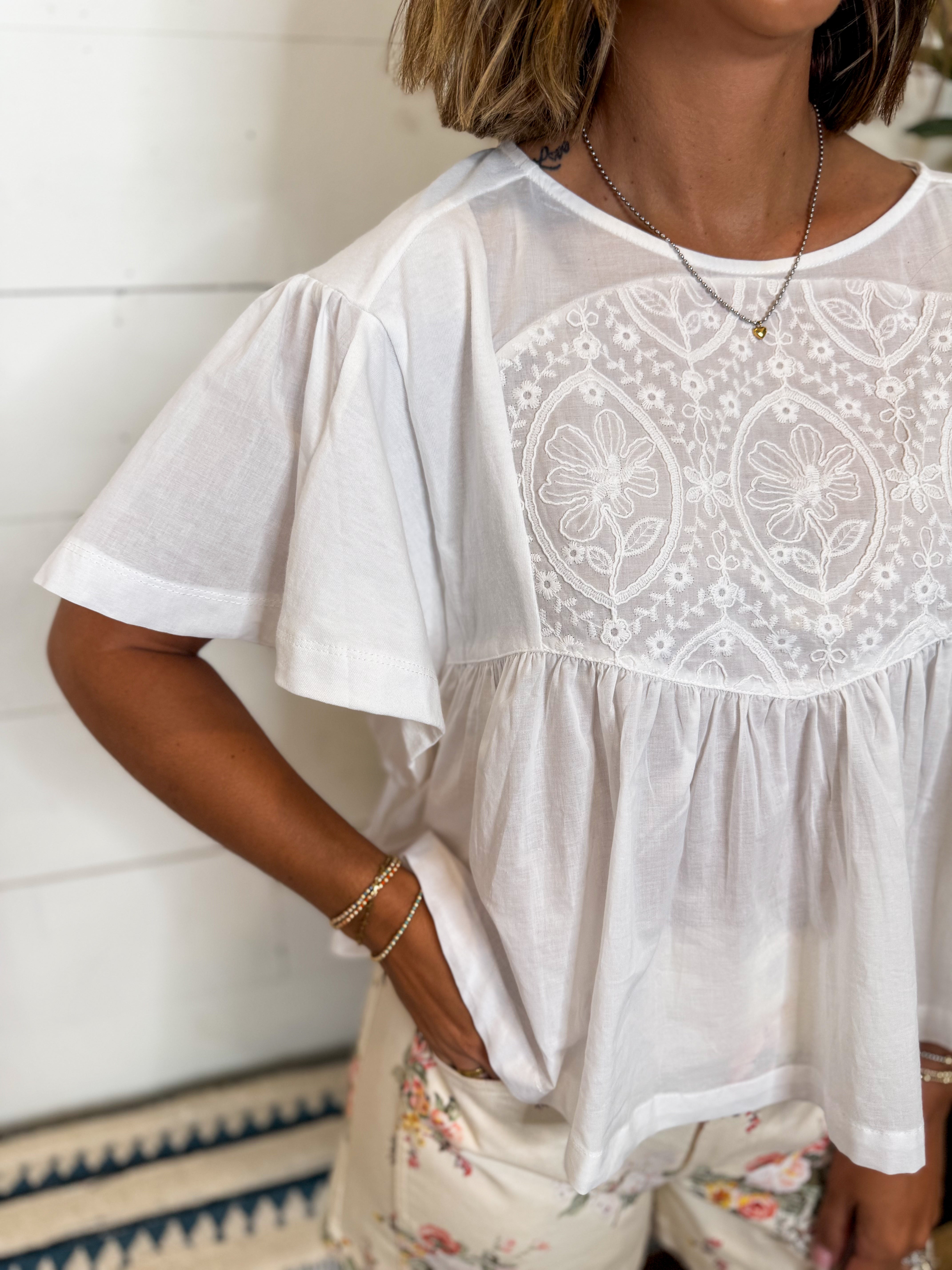 Floral Embroidered Yoke Baby Doll Top