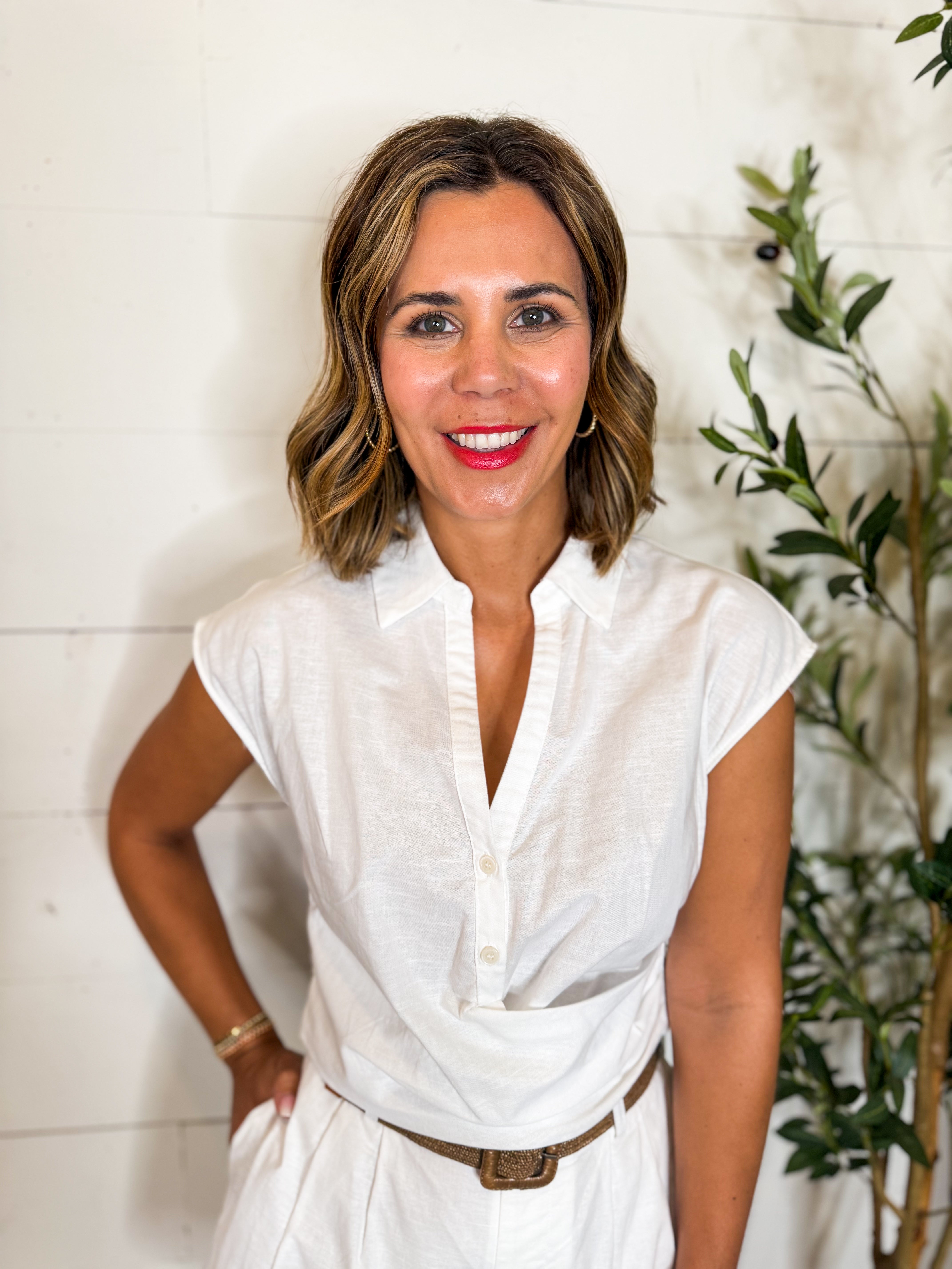 White Button Front Top