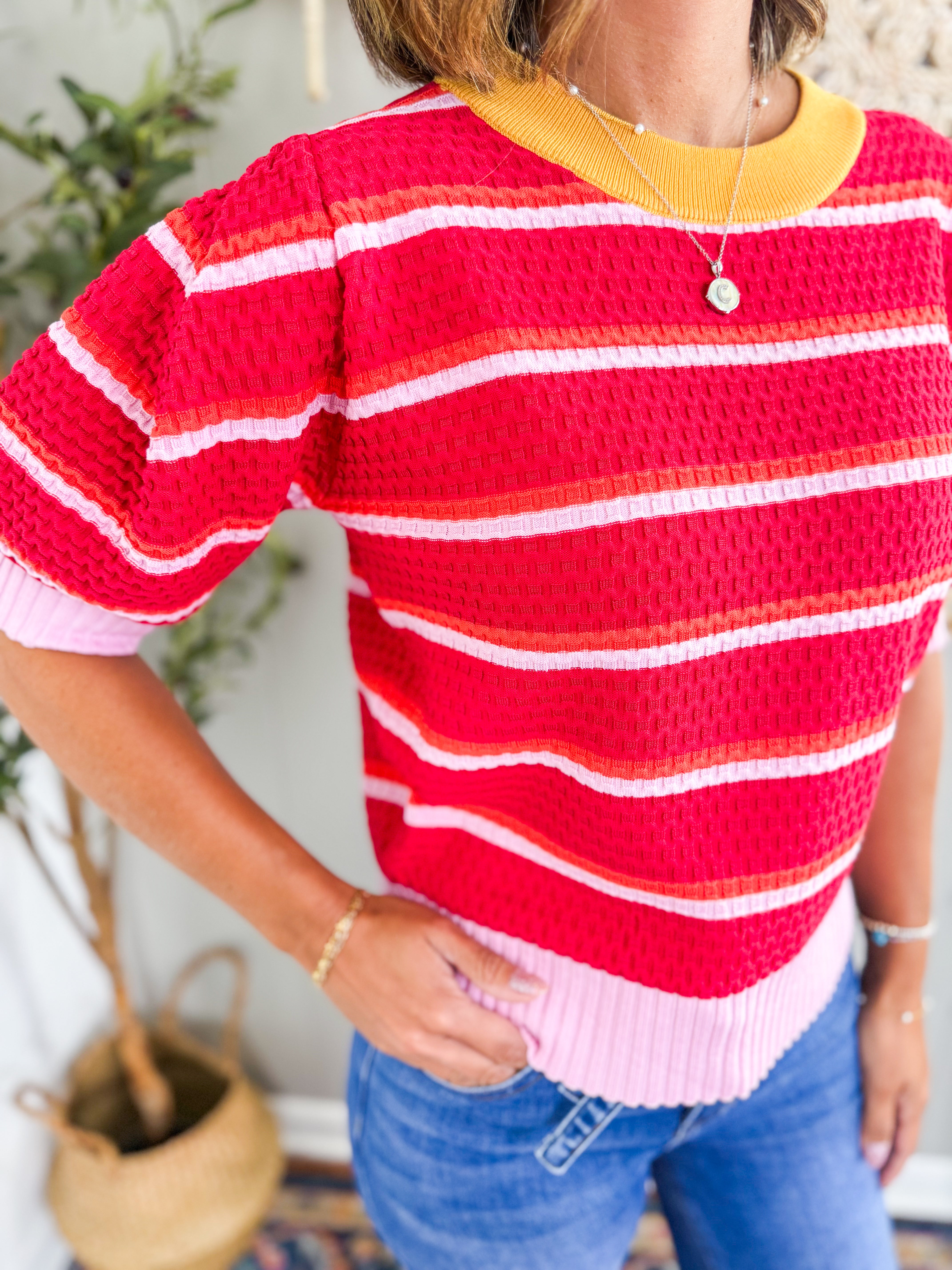 Textured Stripe Knit Crew Sweater