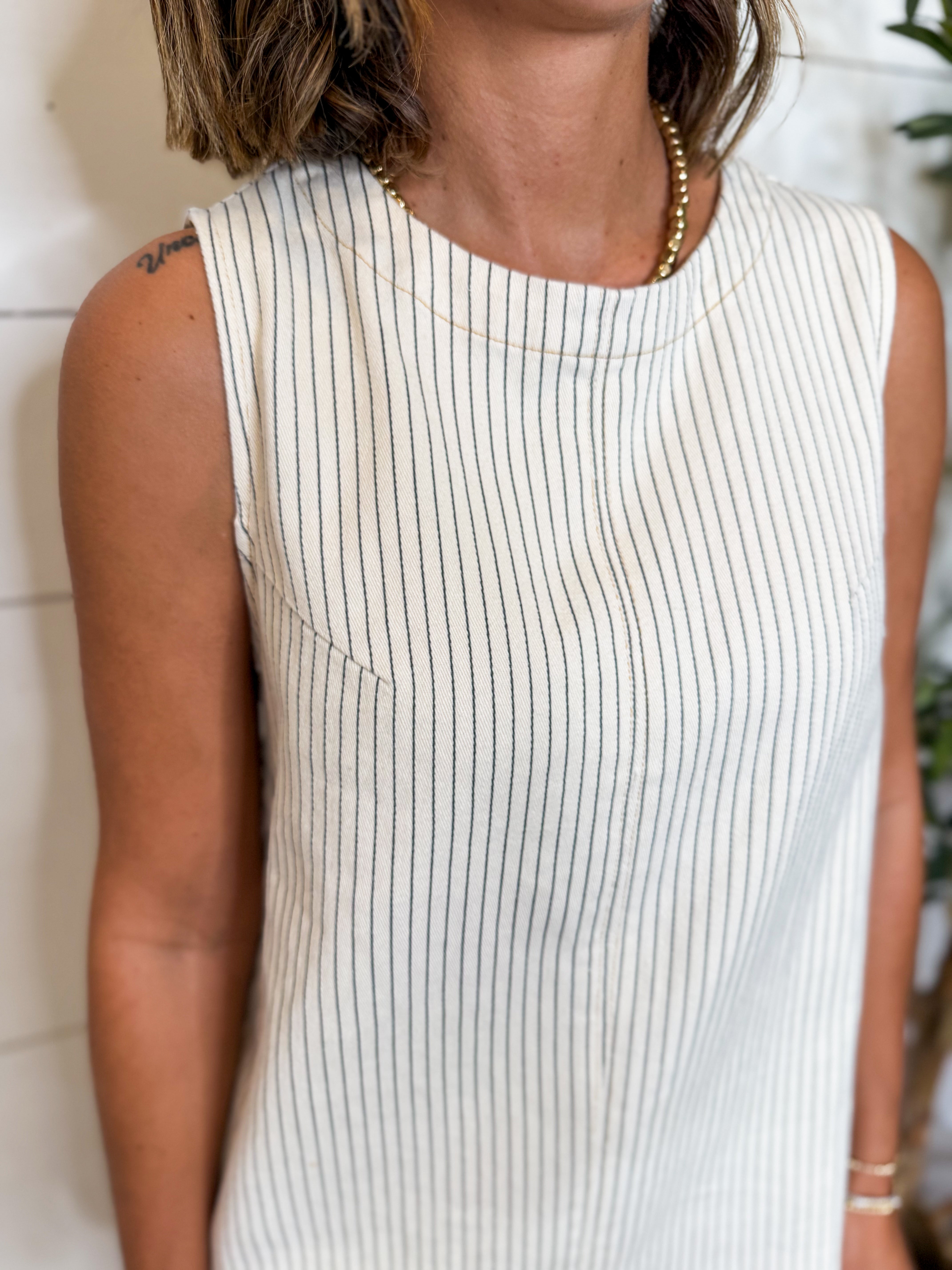 Off White Sleeveless Striped Shift Dress