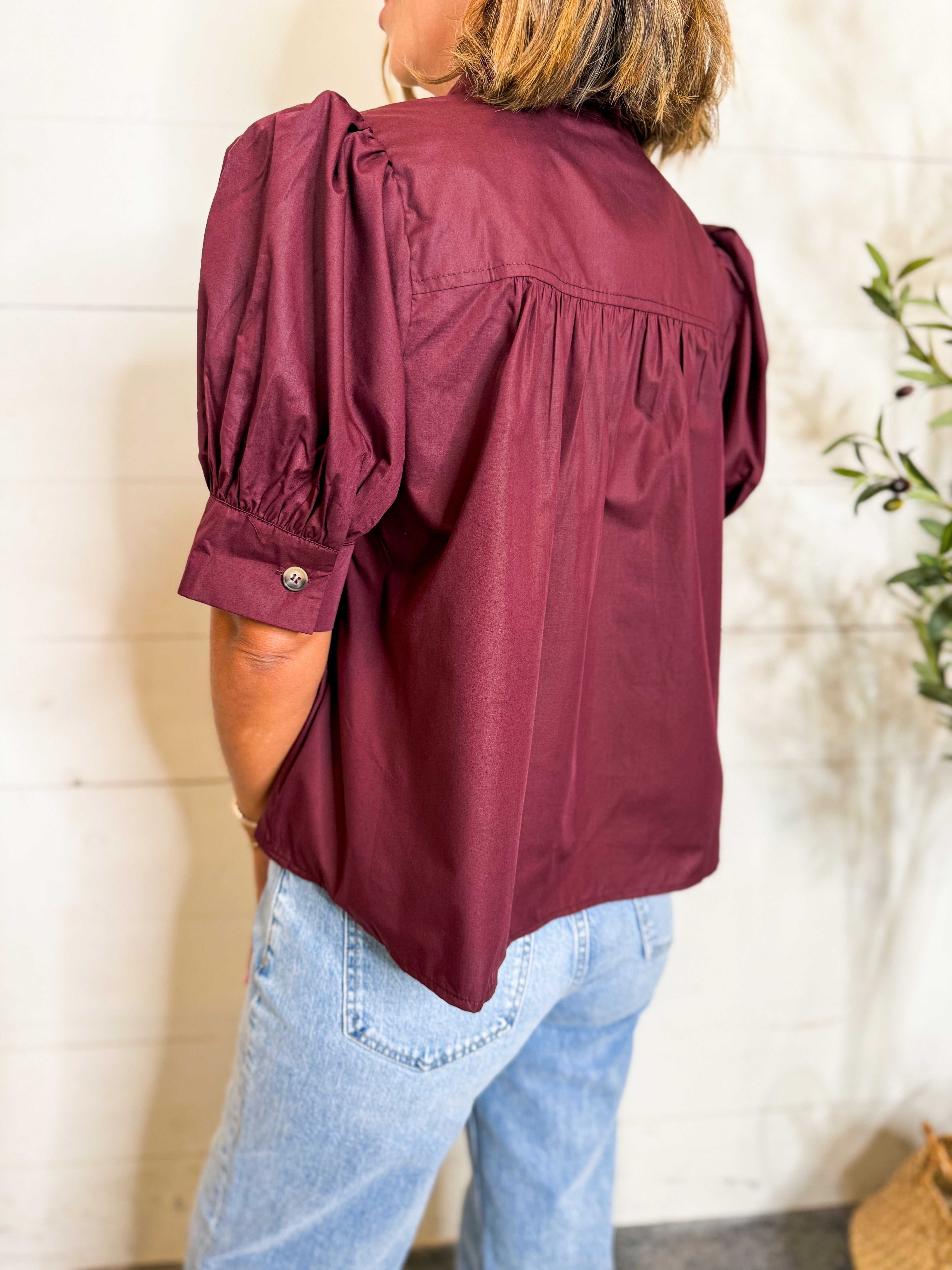Solid Puff Sleeve Button Front Top