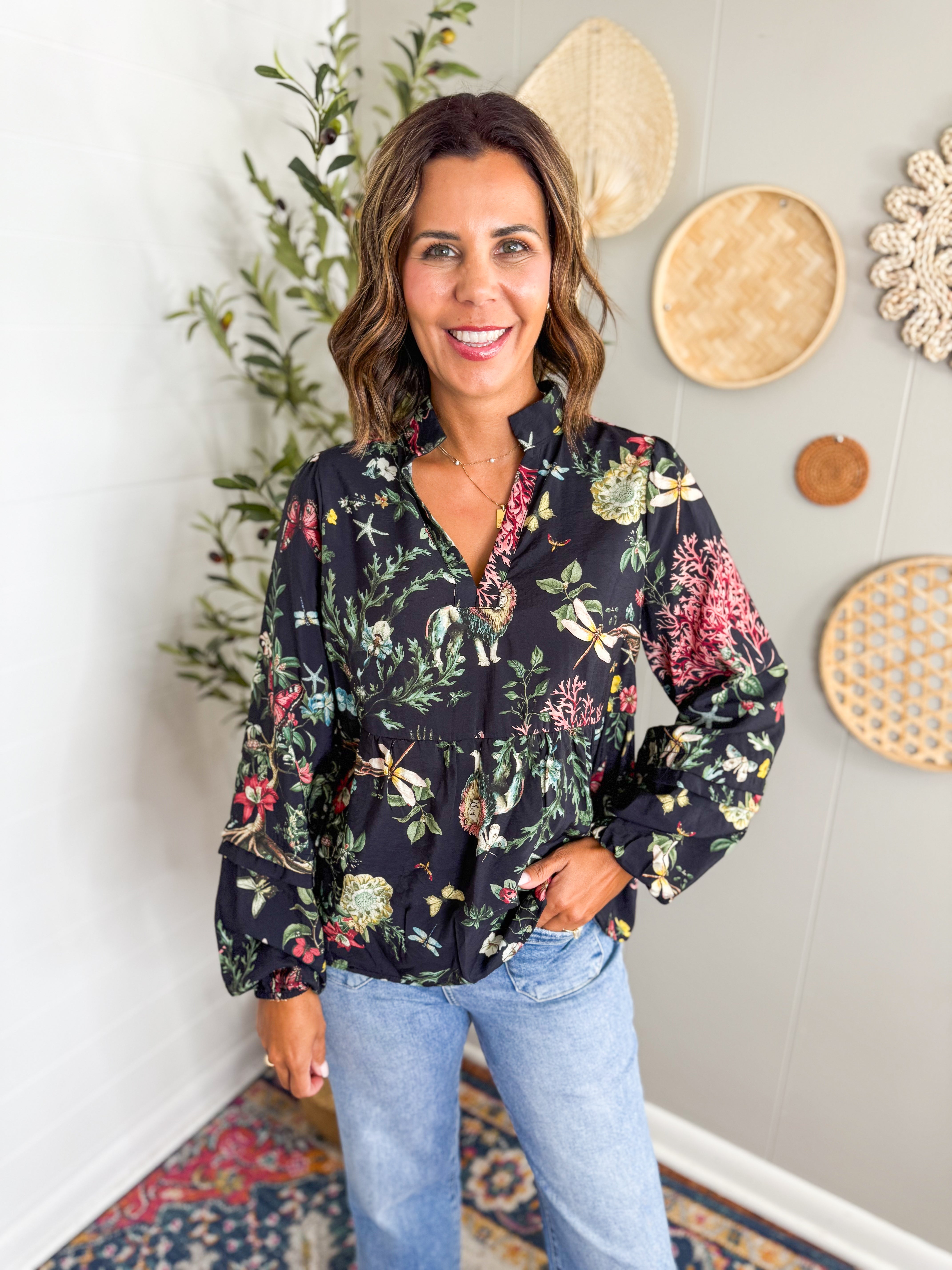 High Neck Black Floral Blouse