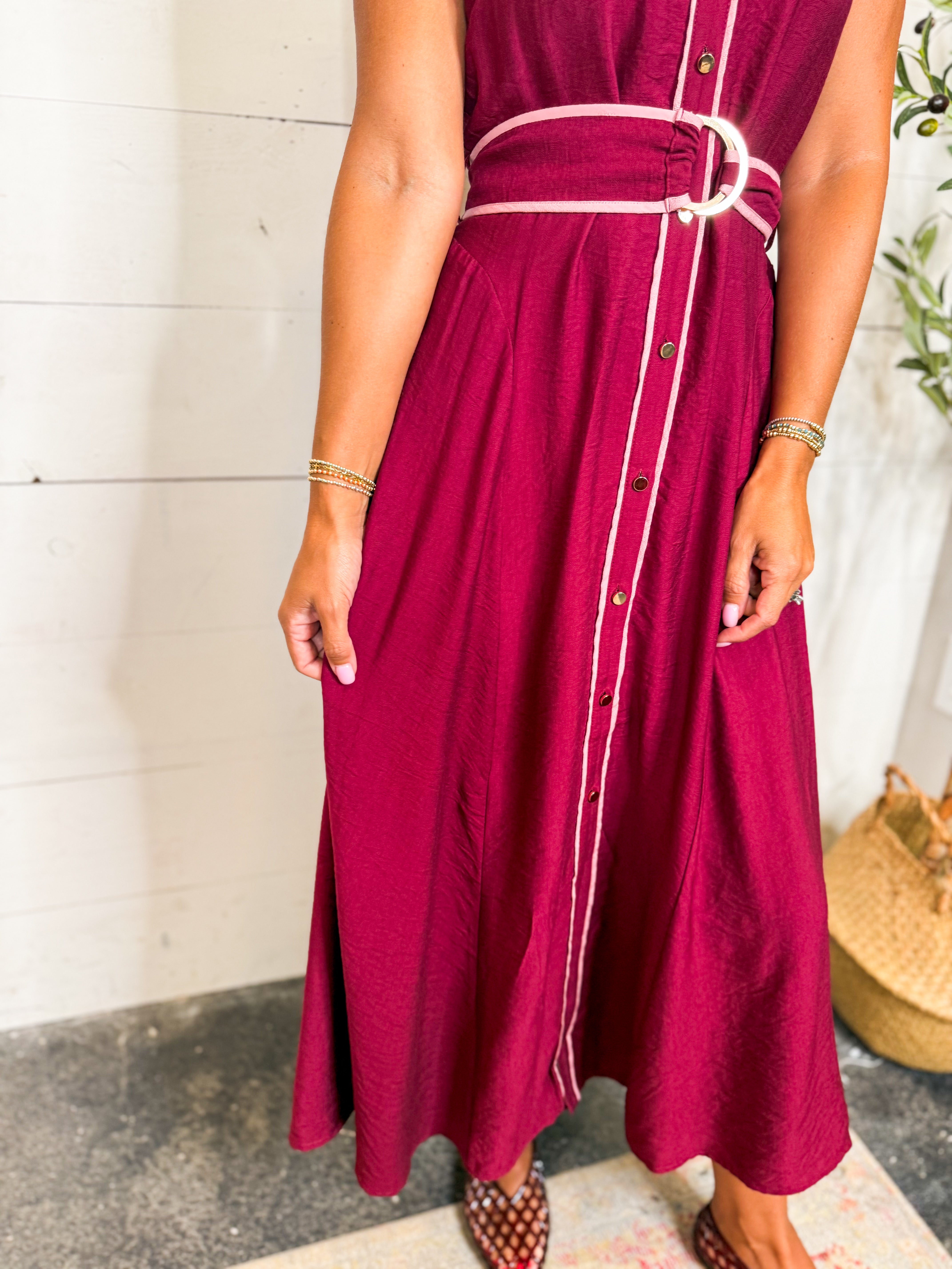 Burgundy Sleeveless Midi With Piping Detail