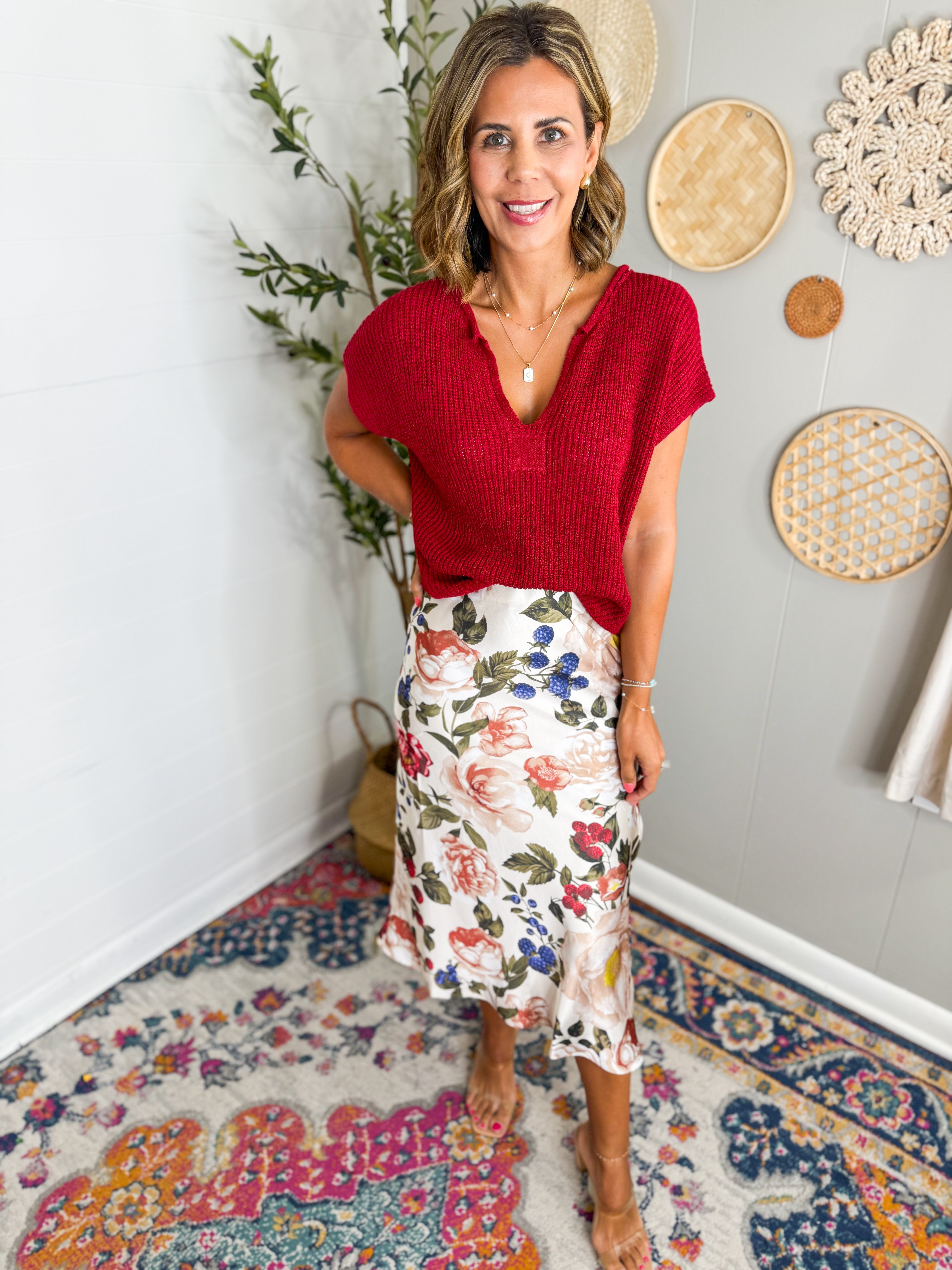 Ivory Multi Floral & Fruit Midi Skirt