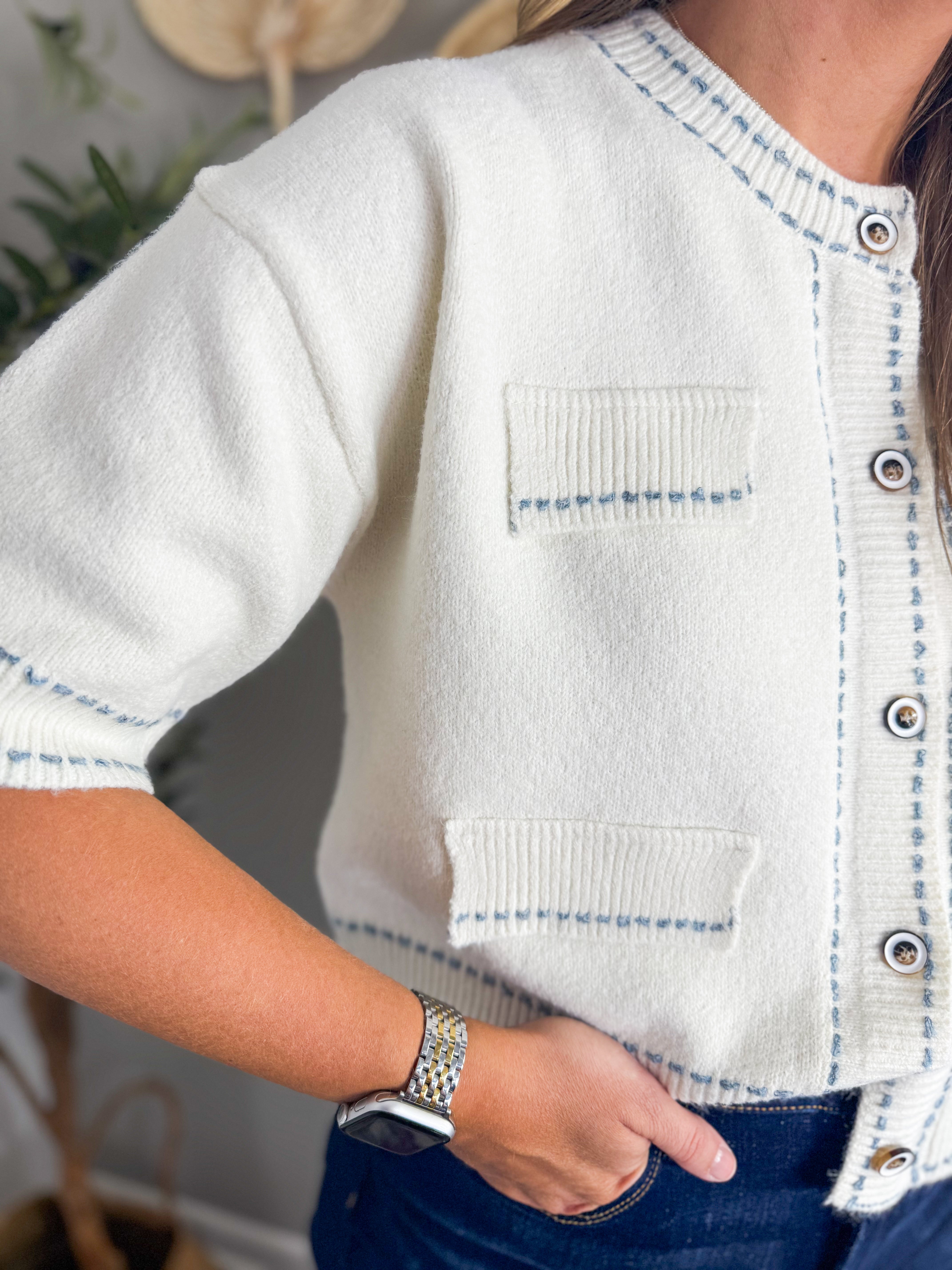 Short Sleeve Cardigan With Stitch Detail