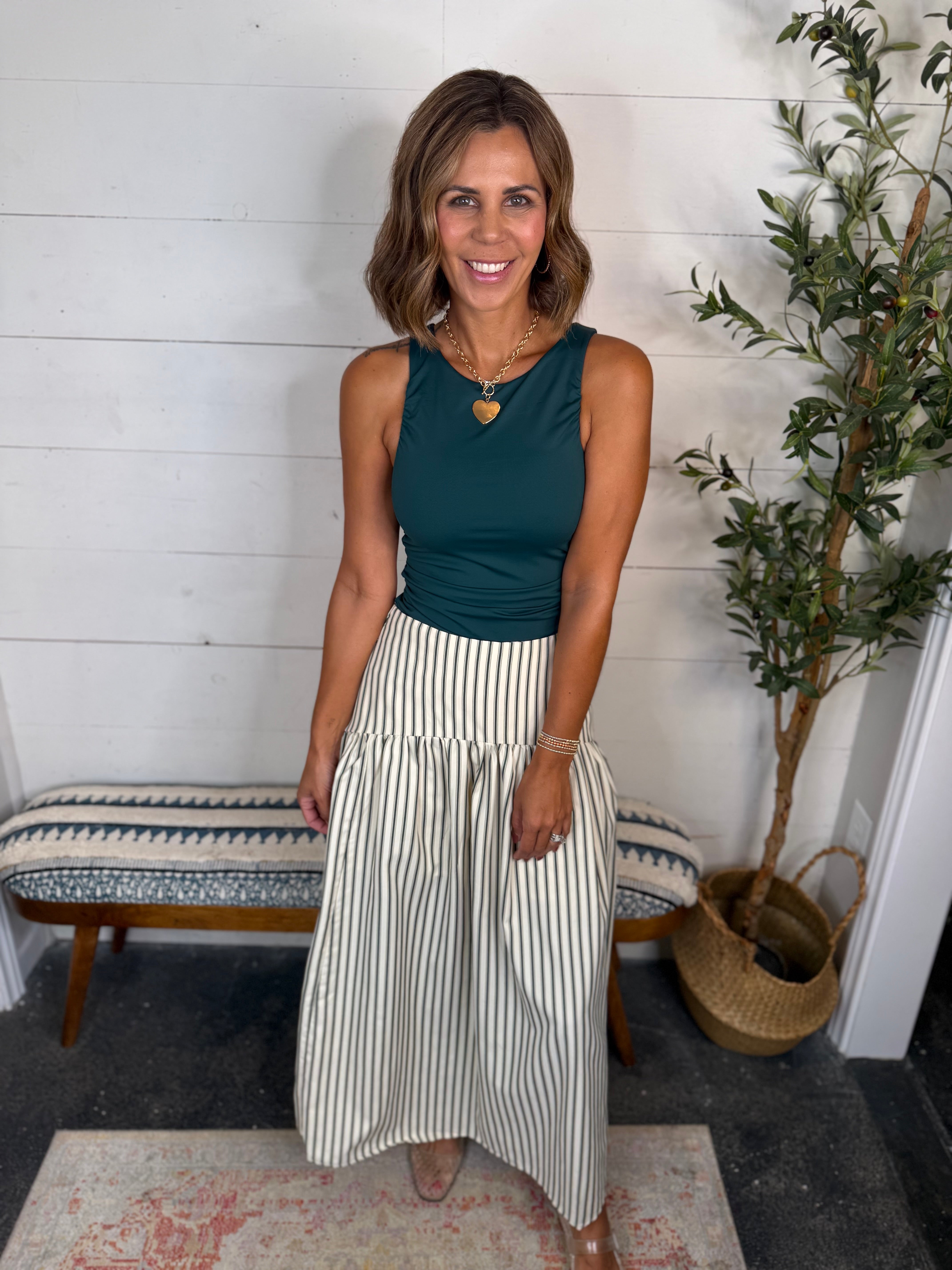 Green Striped Drop Waist Skirt