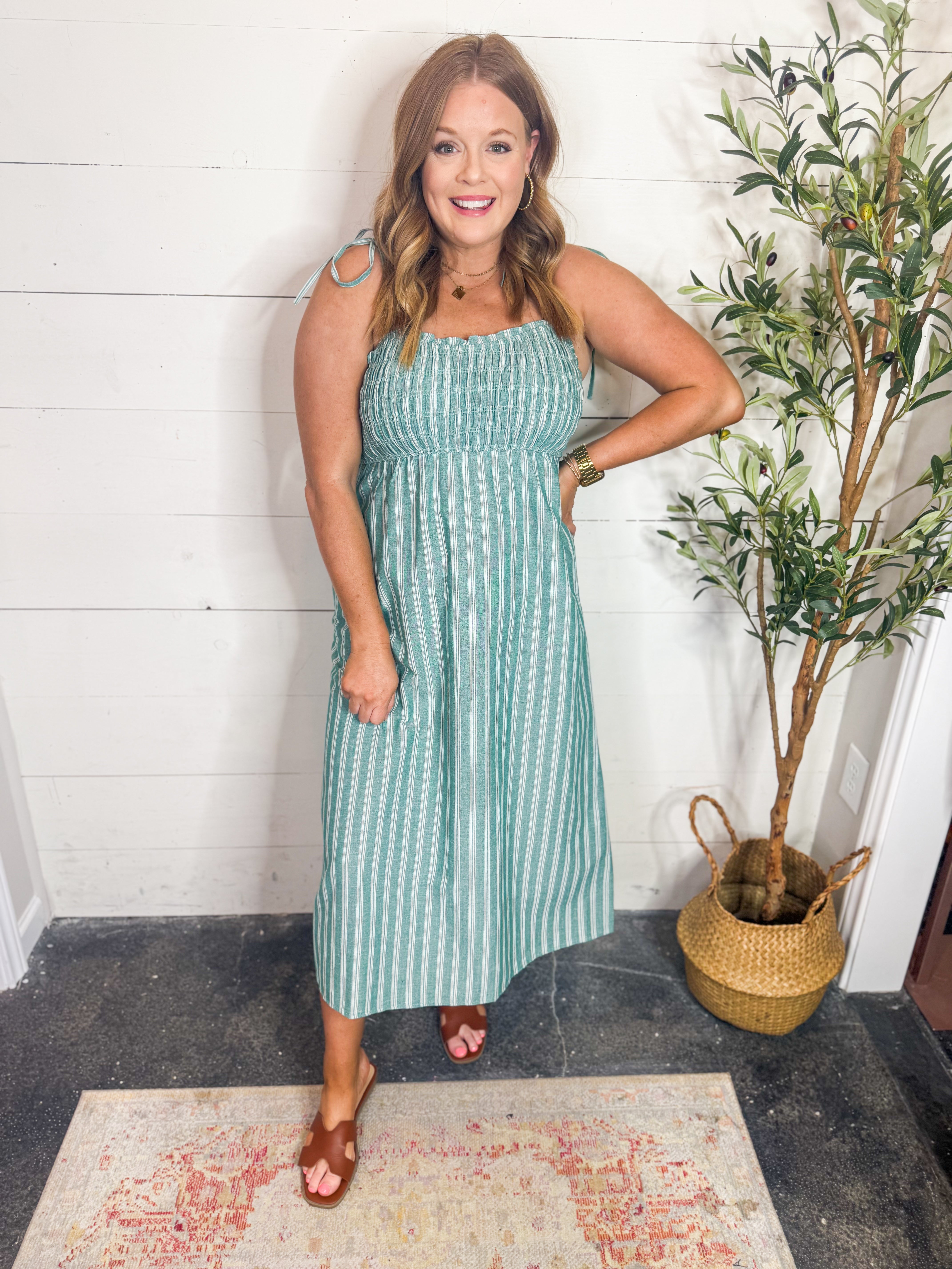 Green StripedTie Shoulder Midi Dress