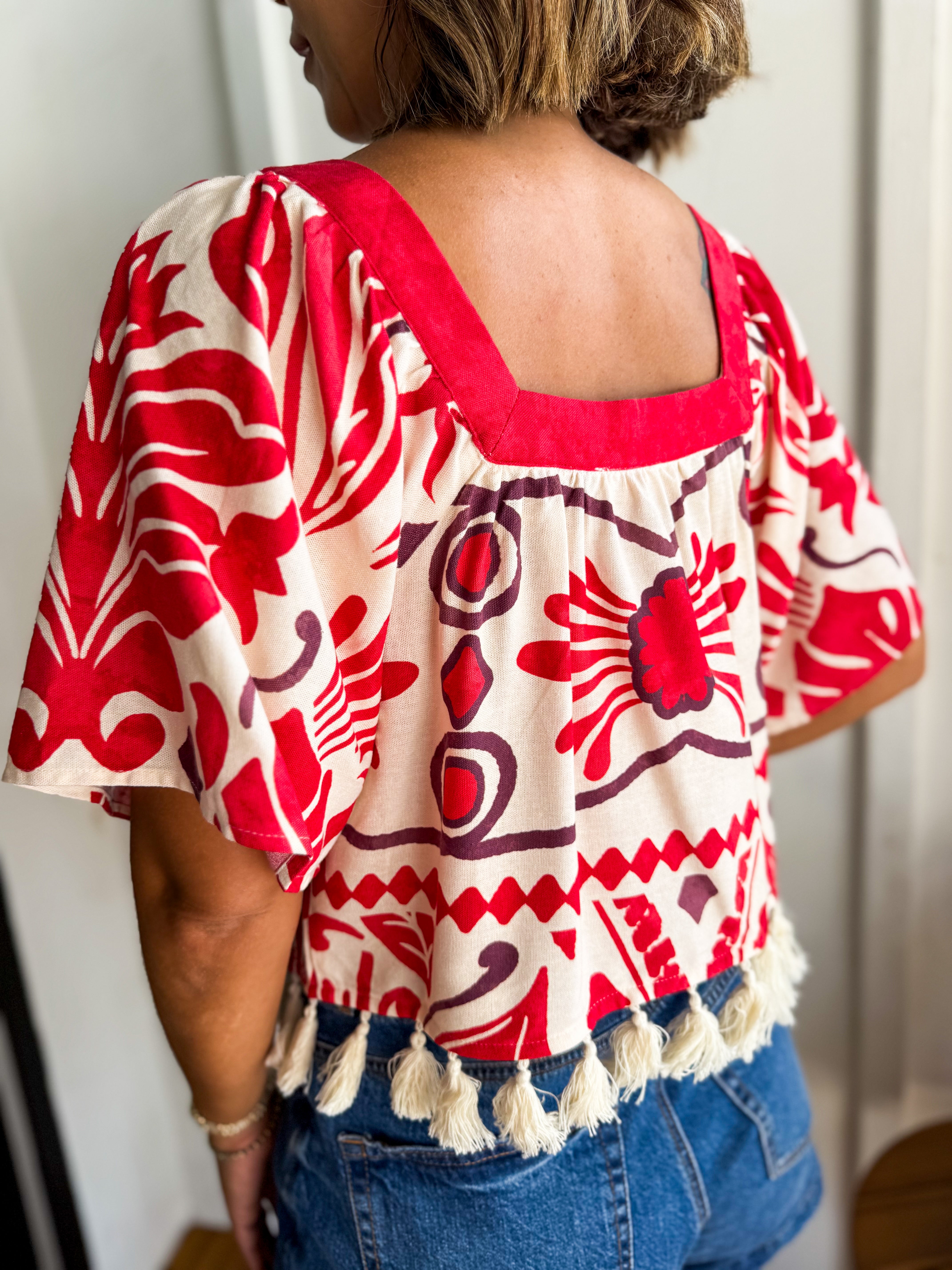 Geo & Tropical Print Linen Blend Top