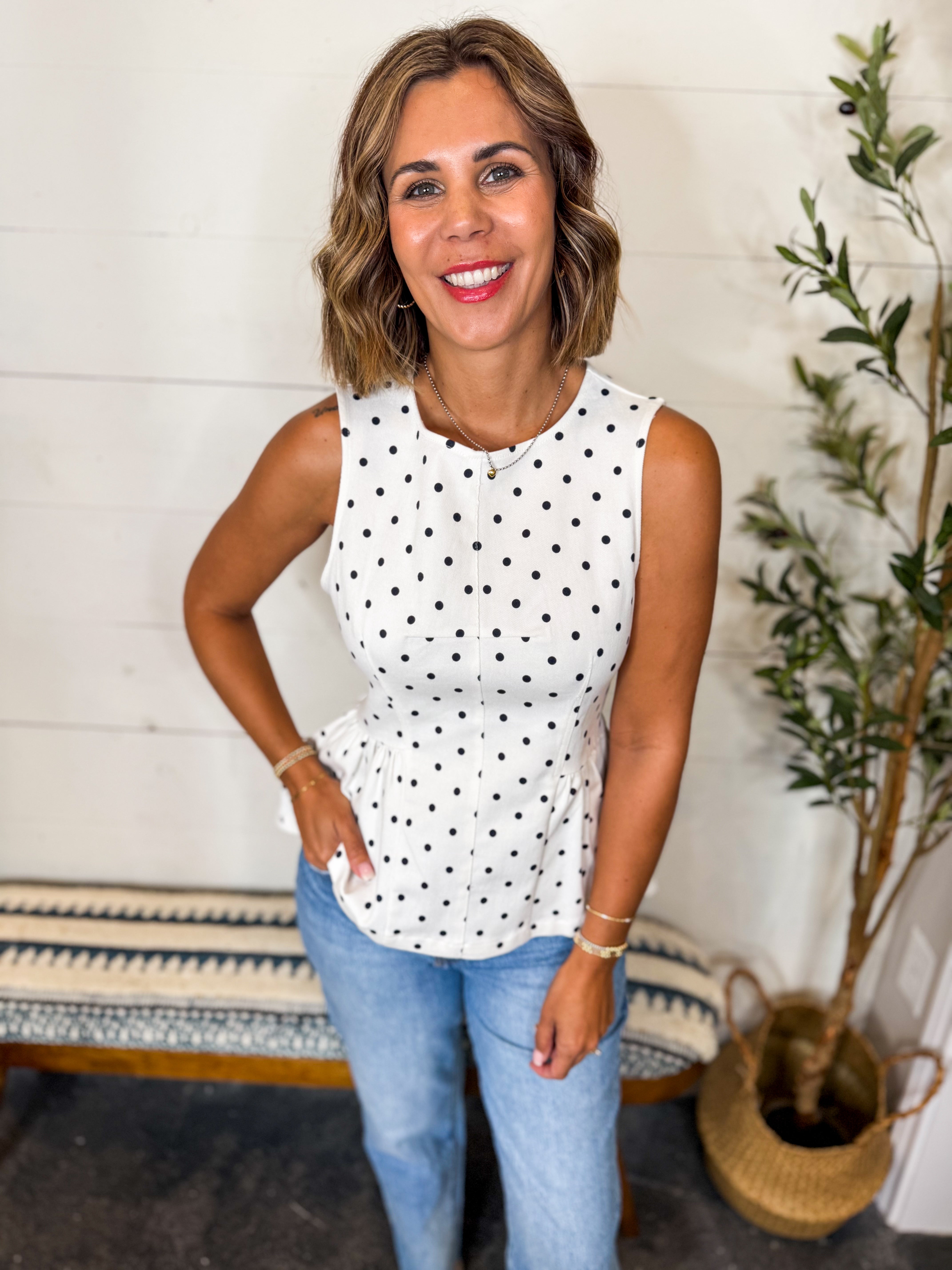 Polka Dot Sleeveless Peplum Top