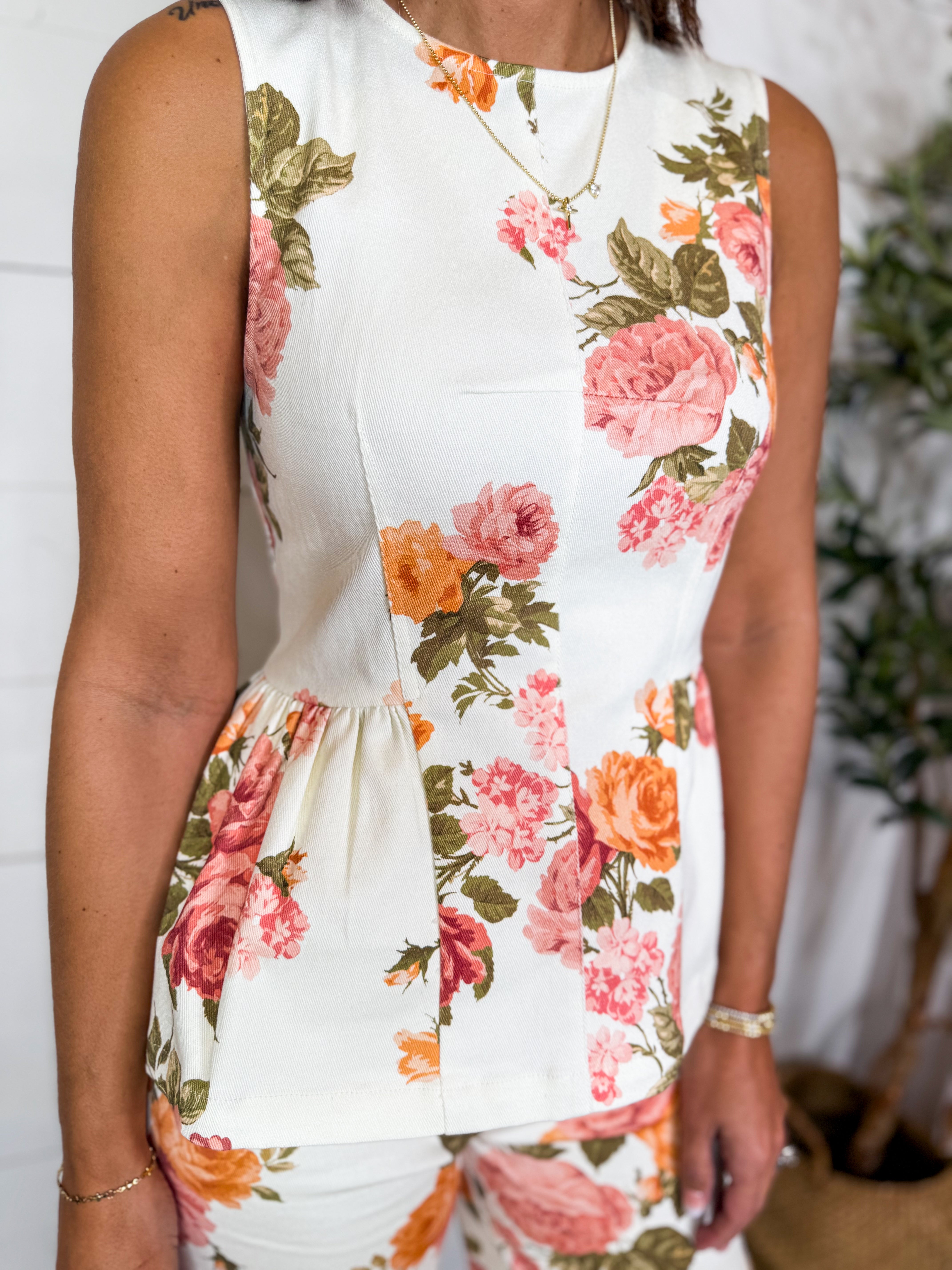 Ecru Floral Print Sleeveless Peplum Top