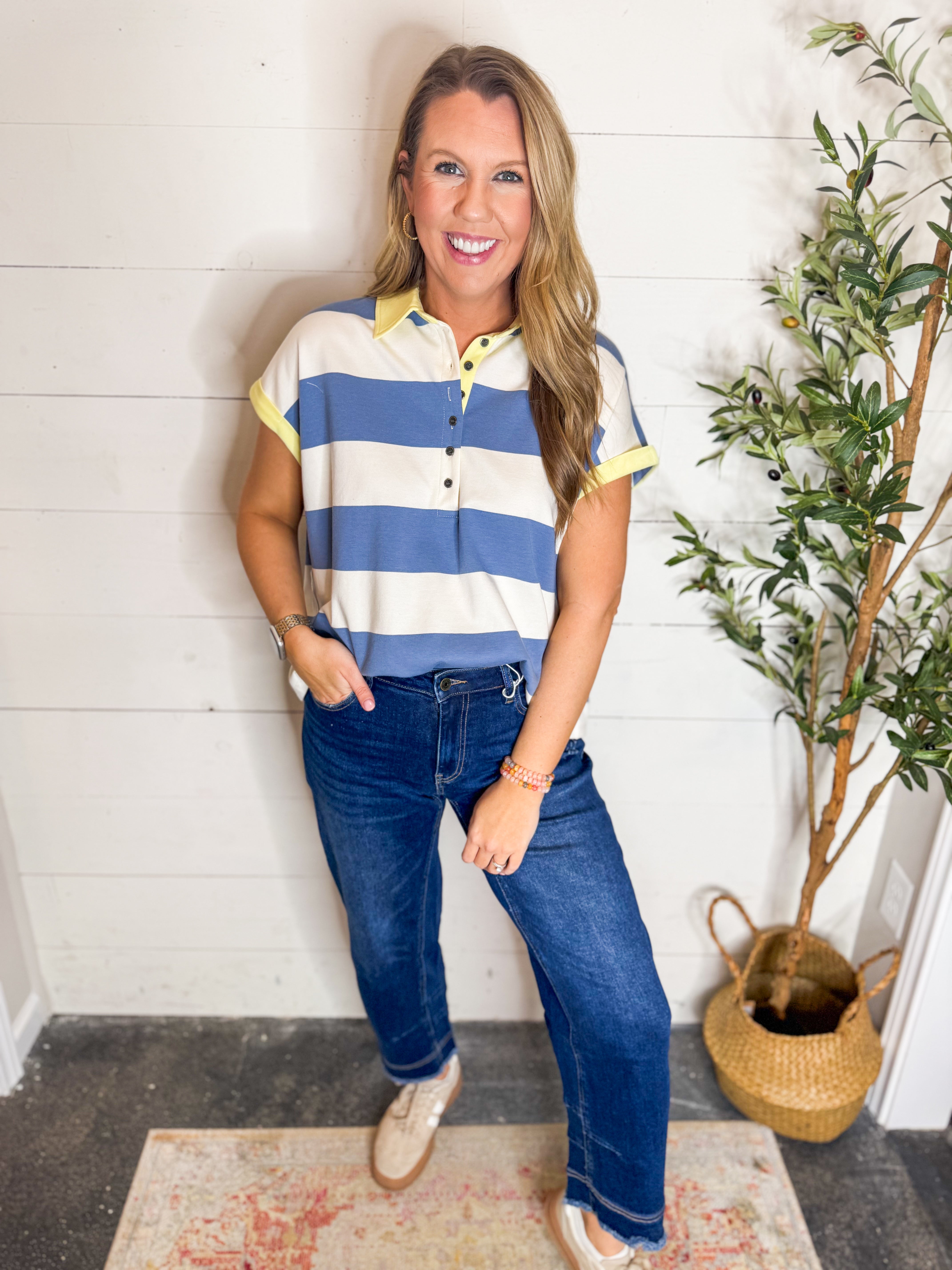 Striped Knit Contrast Trim Top