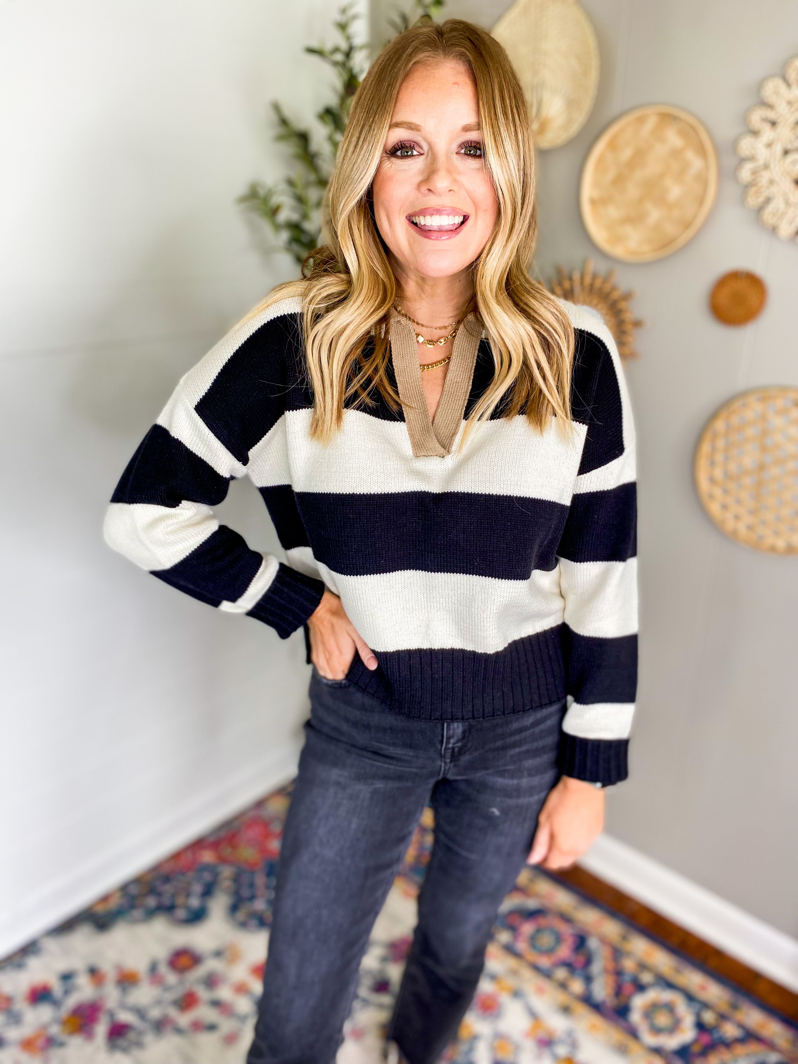 Collared Striped Long Sleeve Sweater