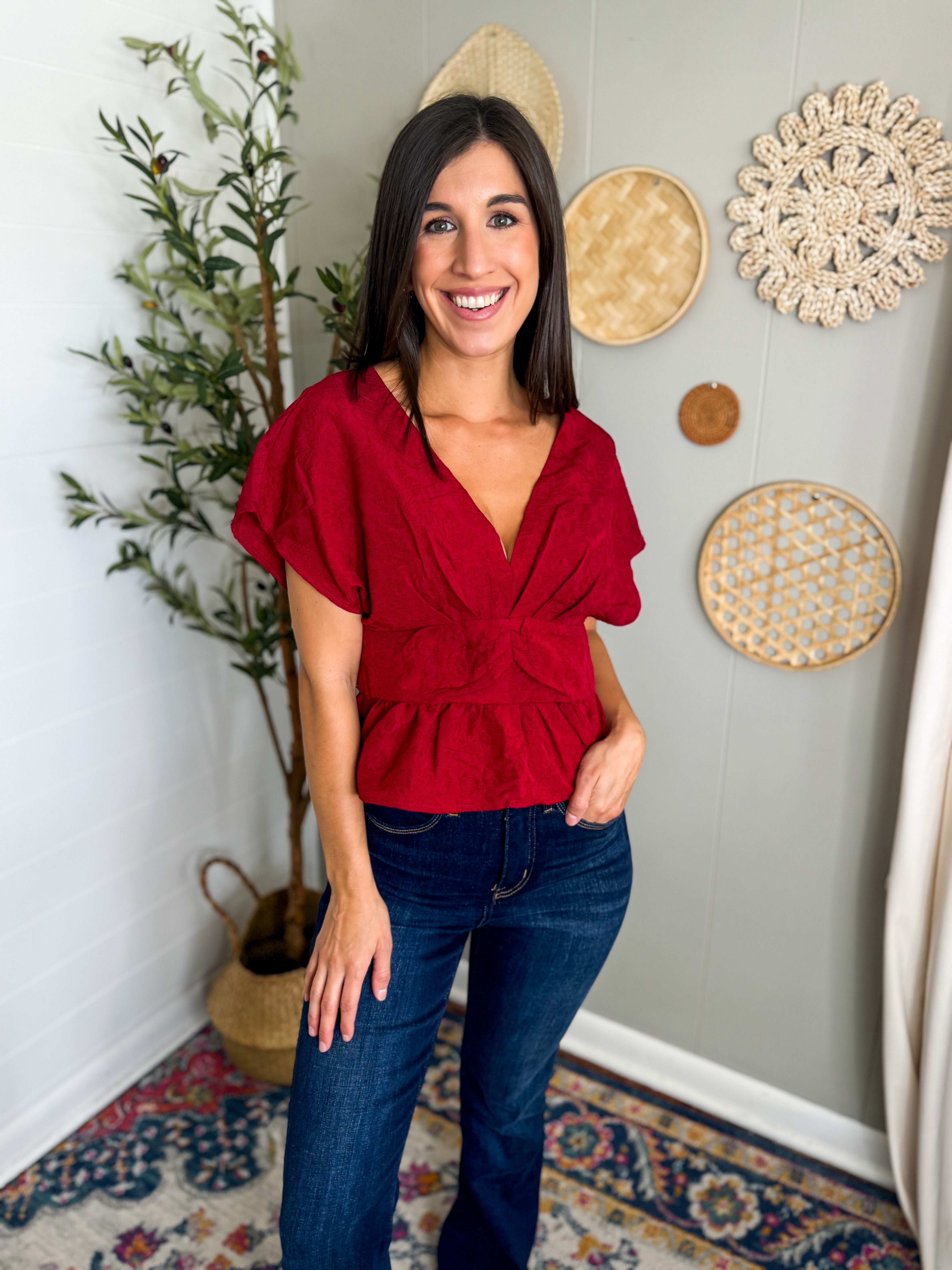 Burgundy V-Neck Peplum Top