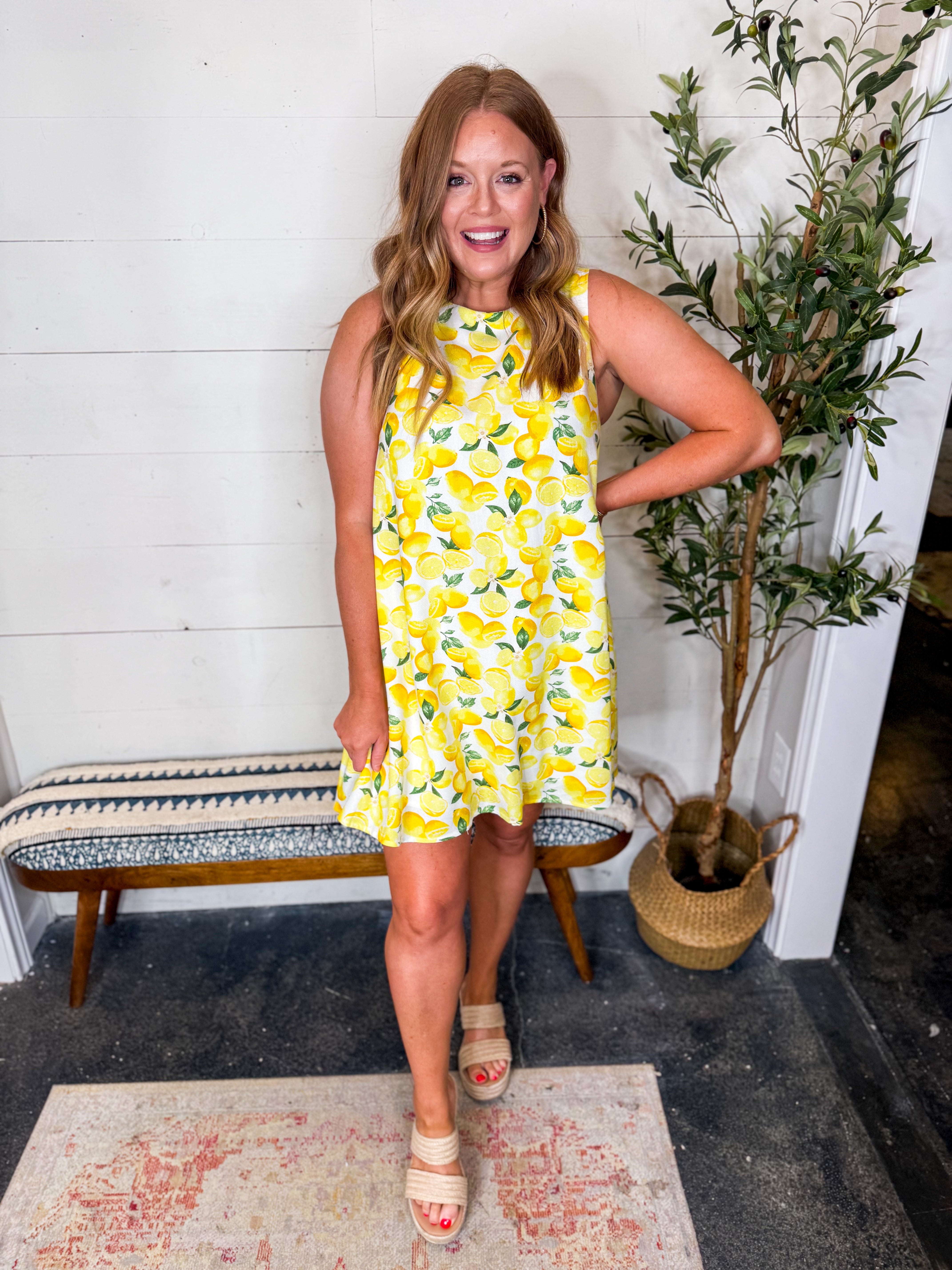 Lemon Print Open Back Swing Dress