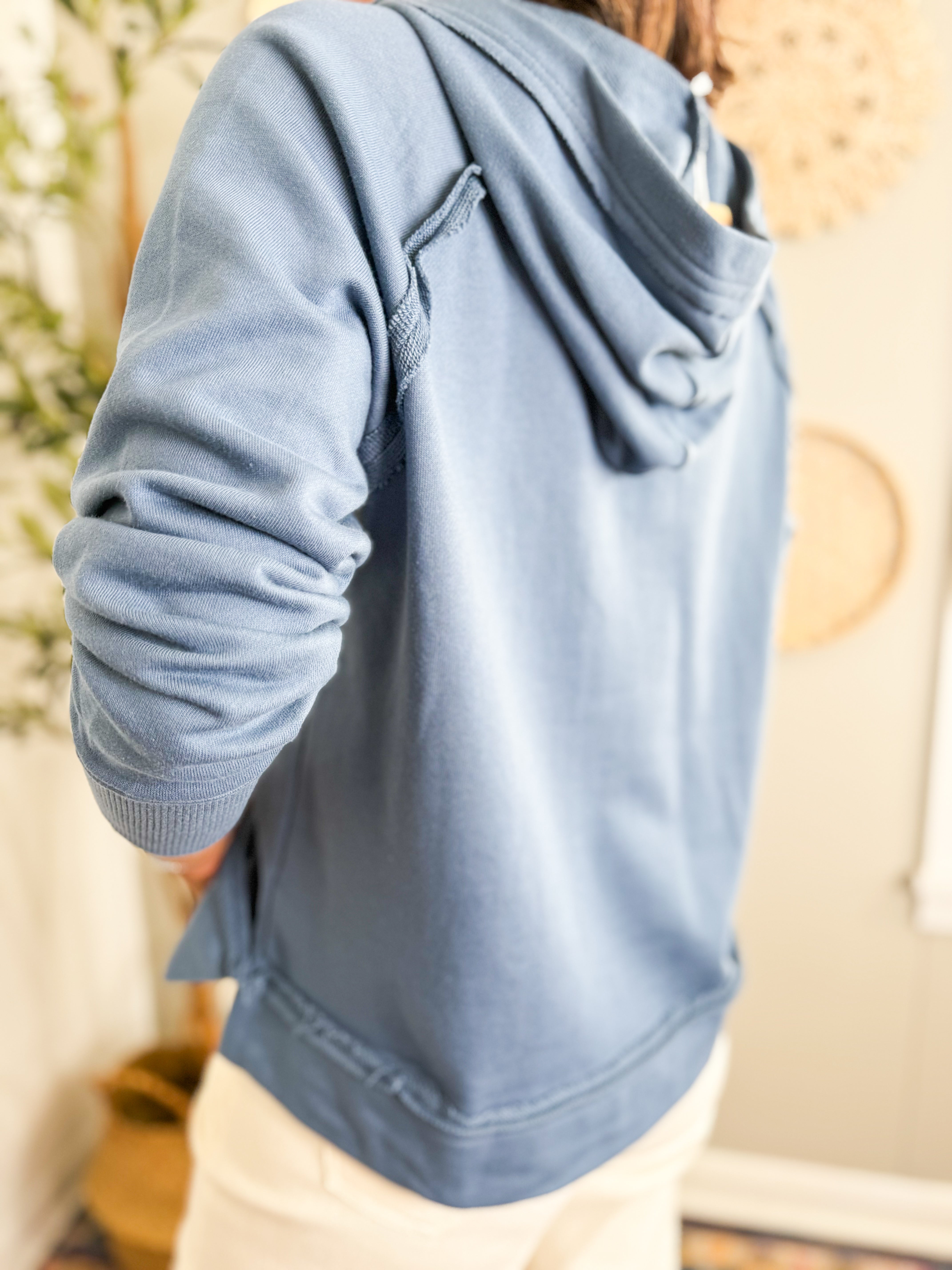 Hooded V Neck Raw Edge Long Sleeve Knit Top