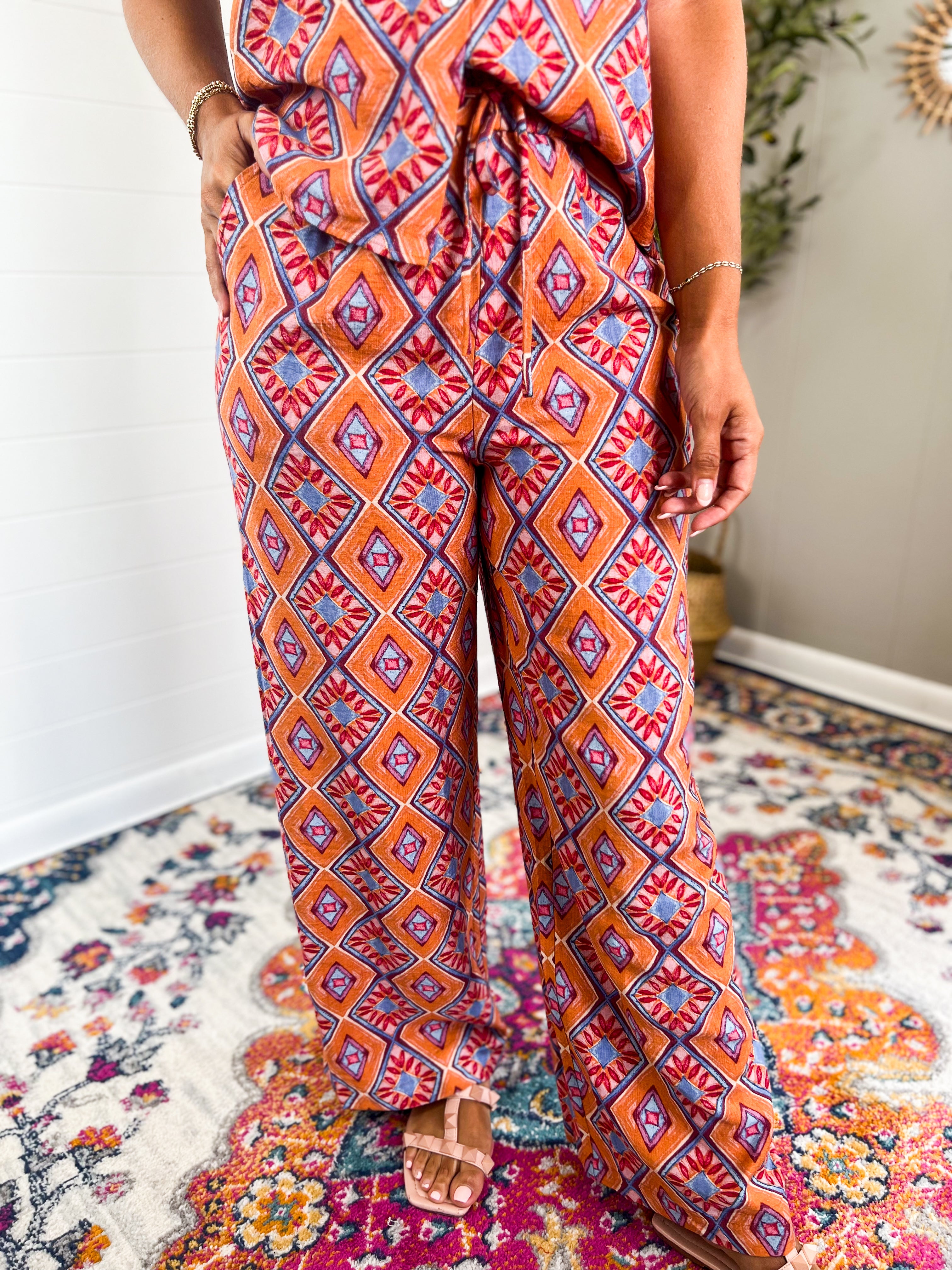 Tuscan Blue Elastic Waist Wide Leg Pants