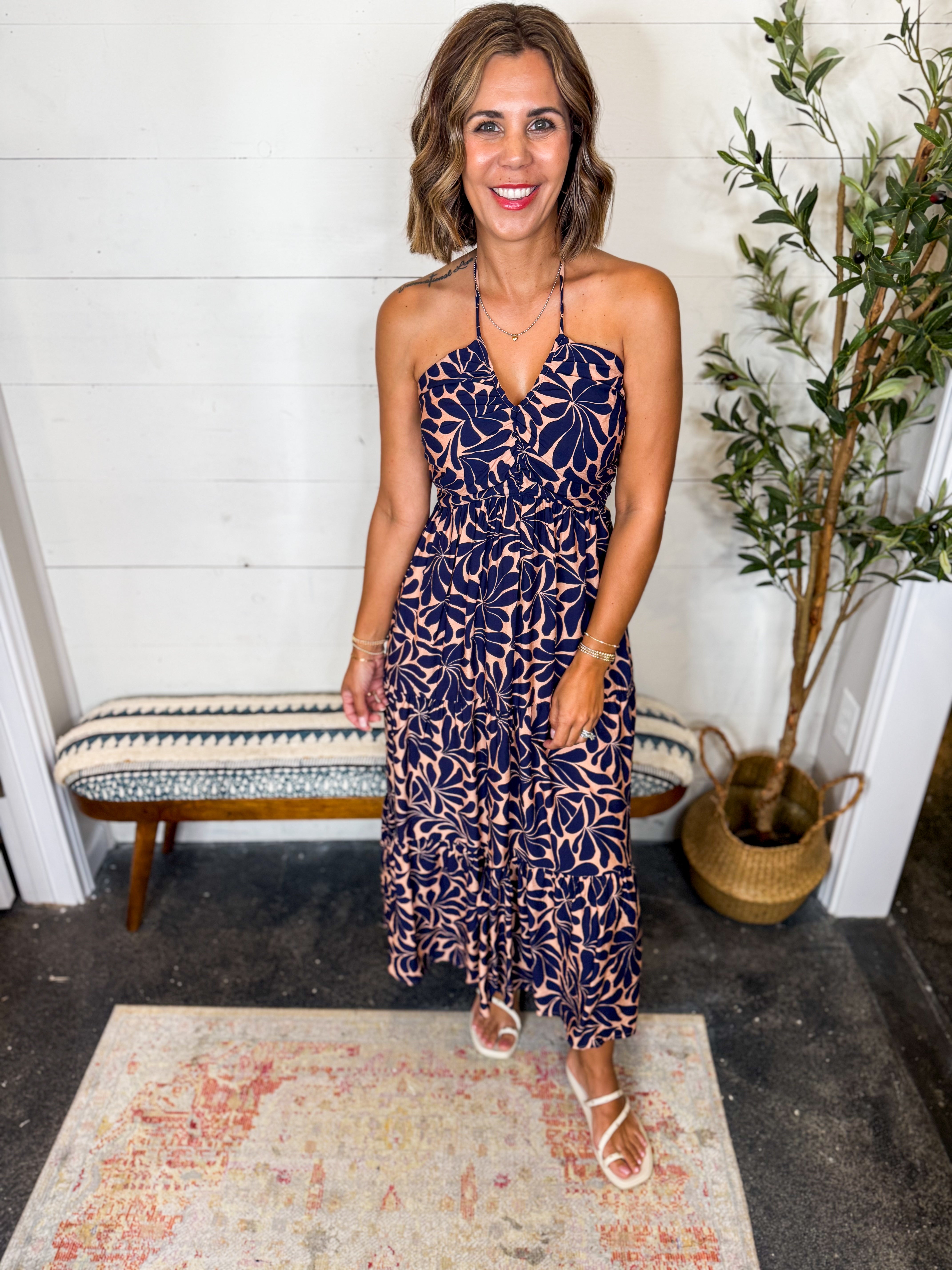 Geometric Halter Tiered Midi Dress