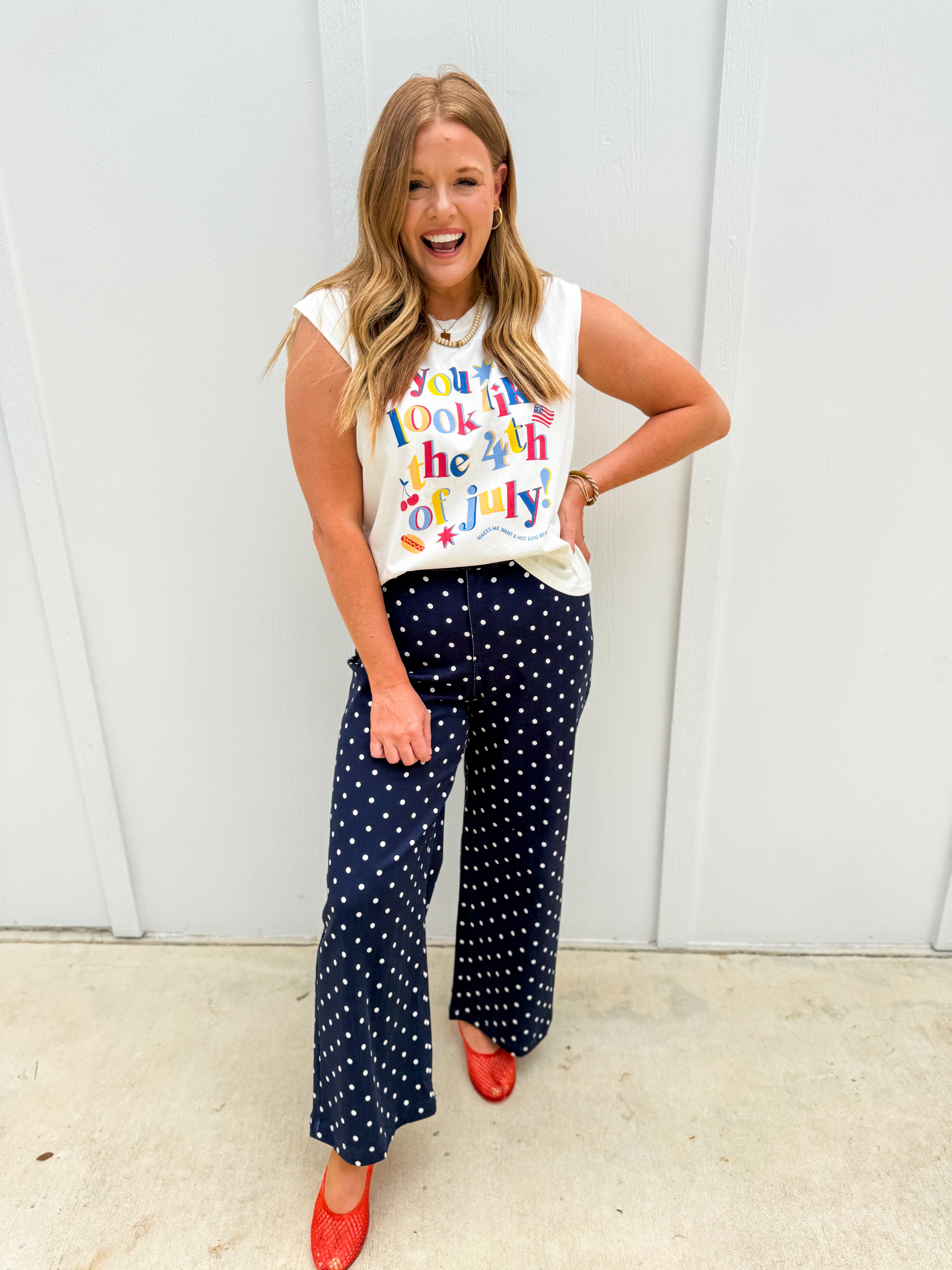 Navy Polka Dot Wide Leg Pants