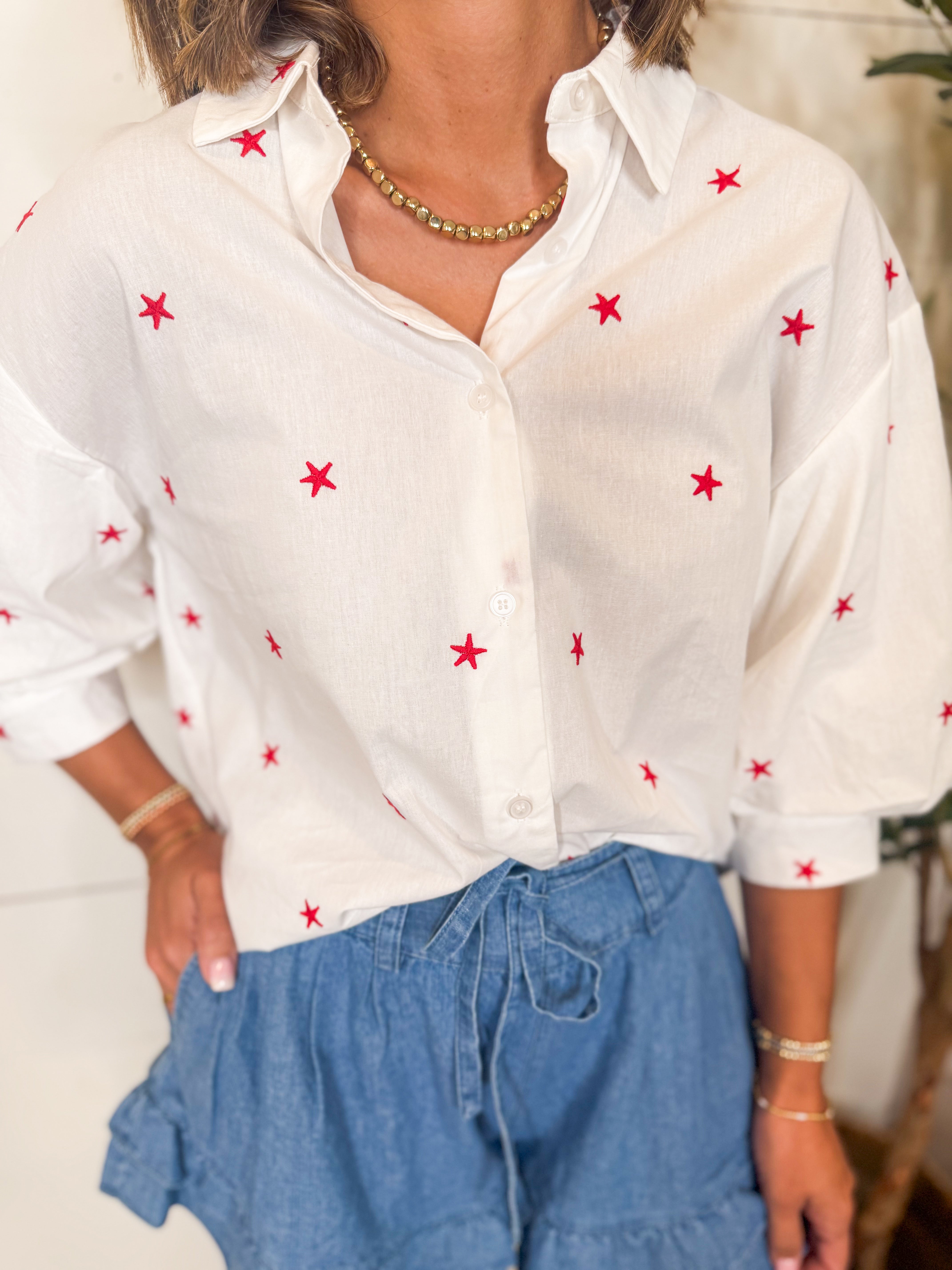4th Of July Star Embroidered Button Down Shirt