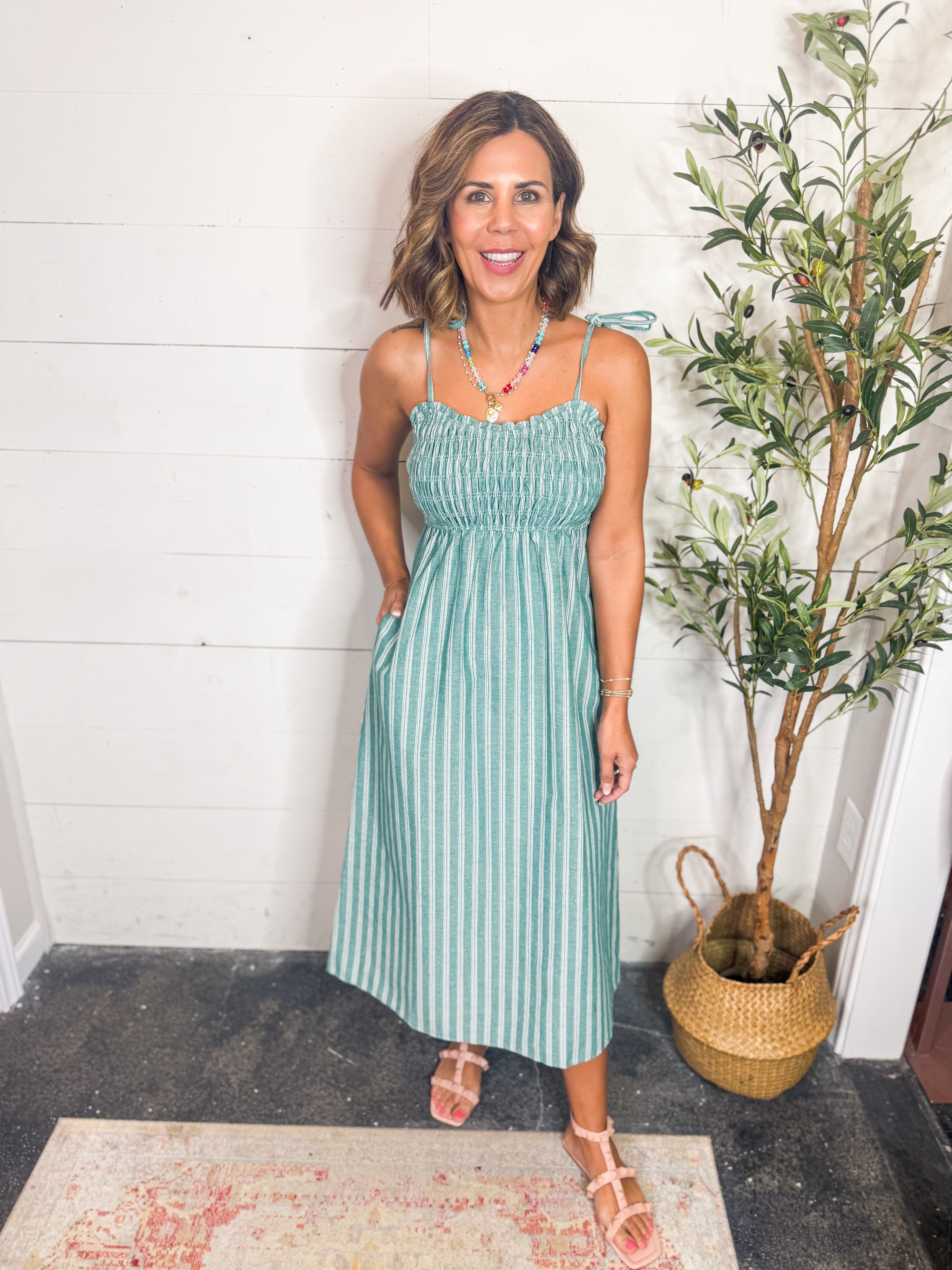 Green StripedTie Shoulder Midi Dress