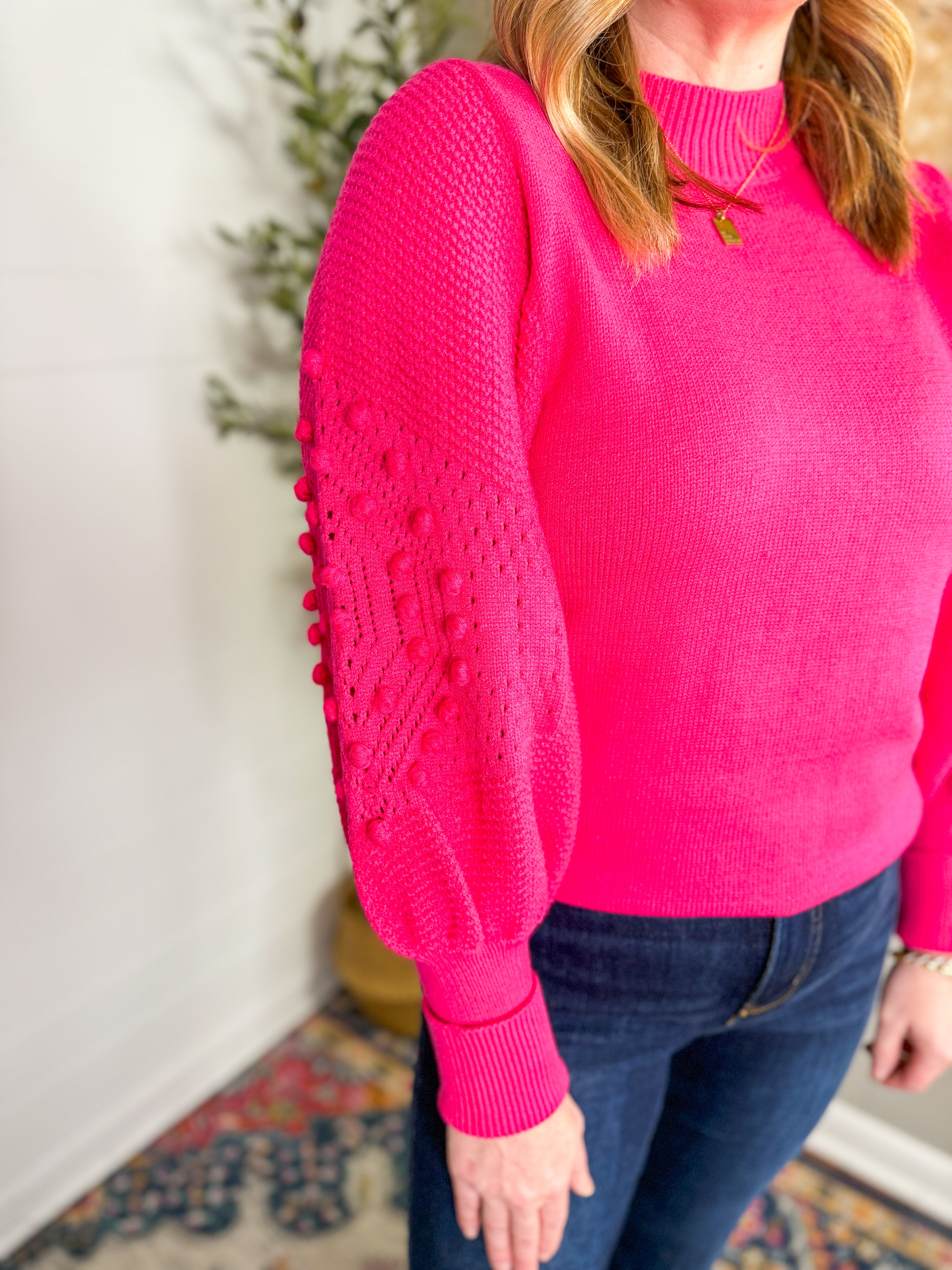 Round Neck Pom Pom Balloon Sleeve Sweater