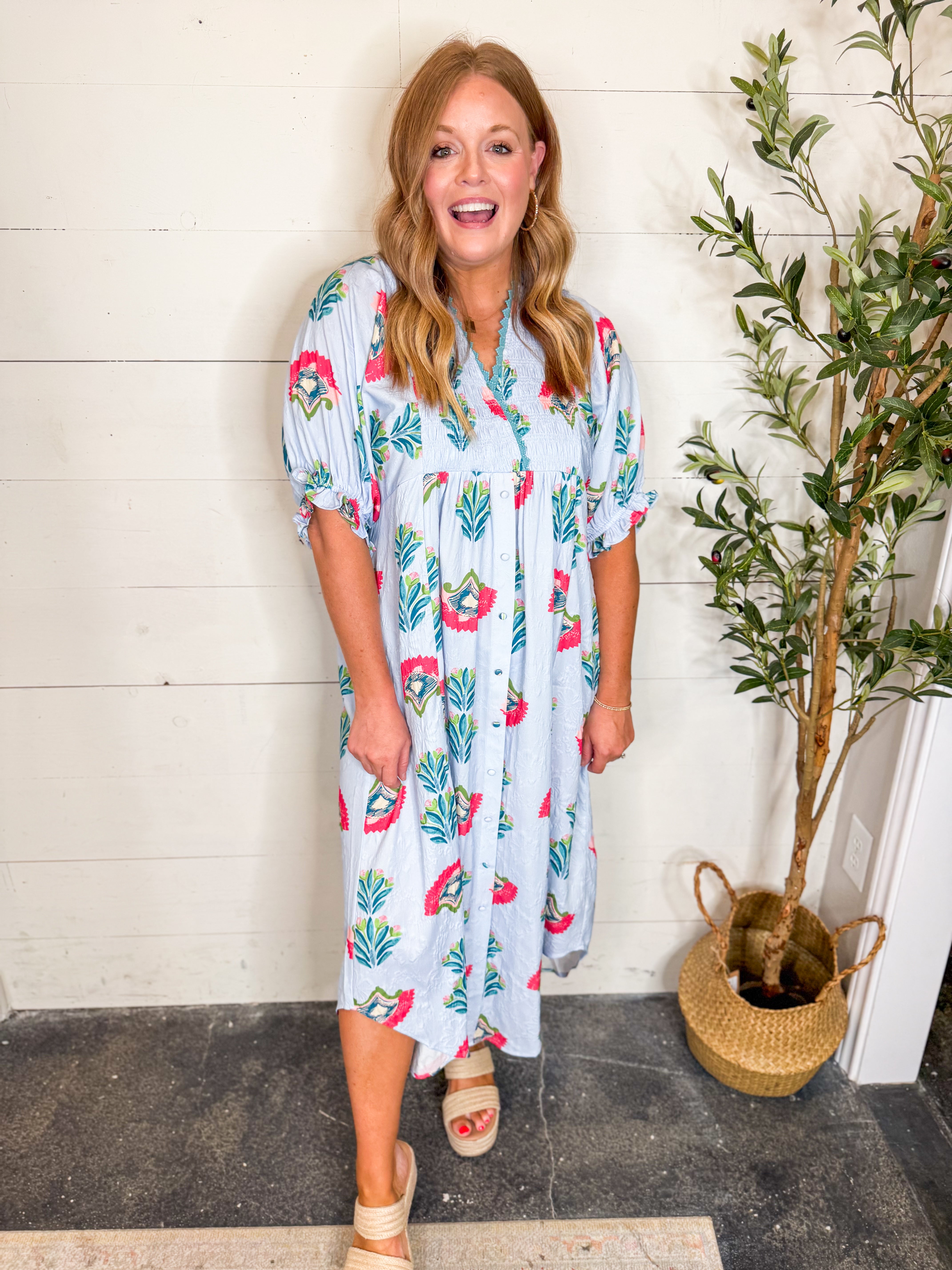 Light Blue Abstract Print Midi Dress
