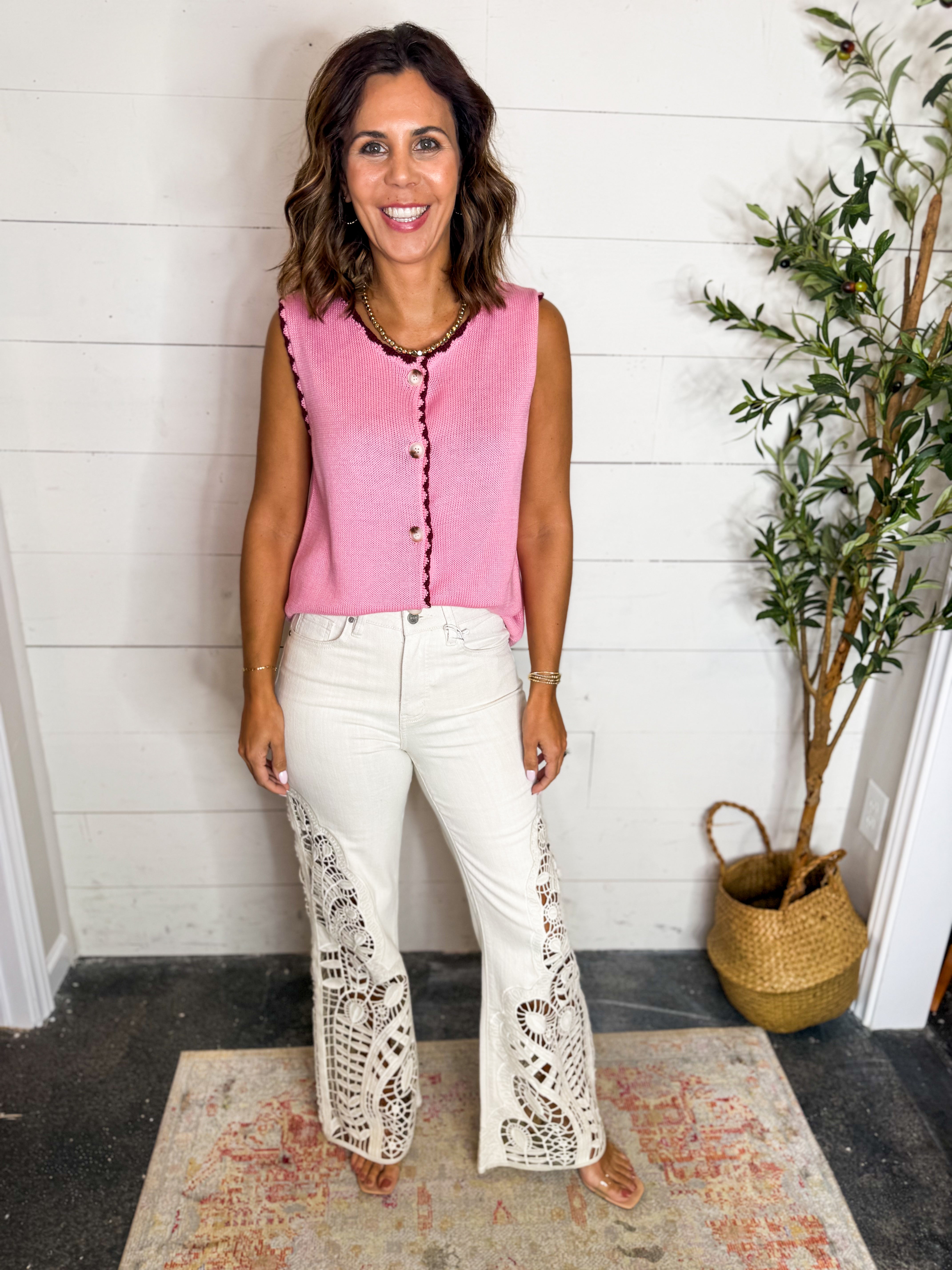 Bayeas Beige High Rise Lace Wide Leg Jean