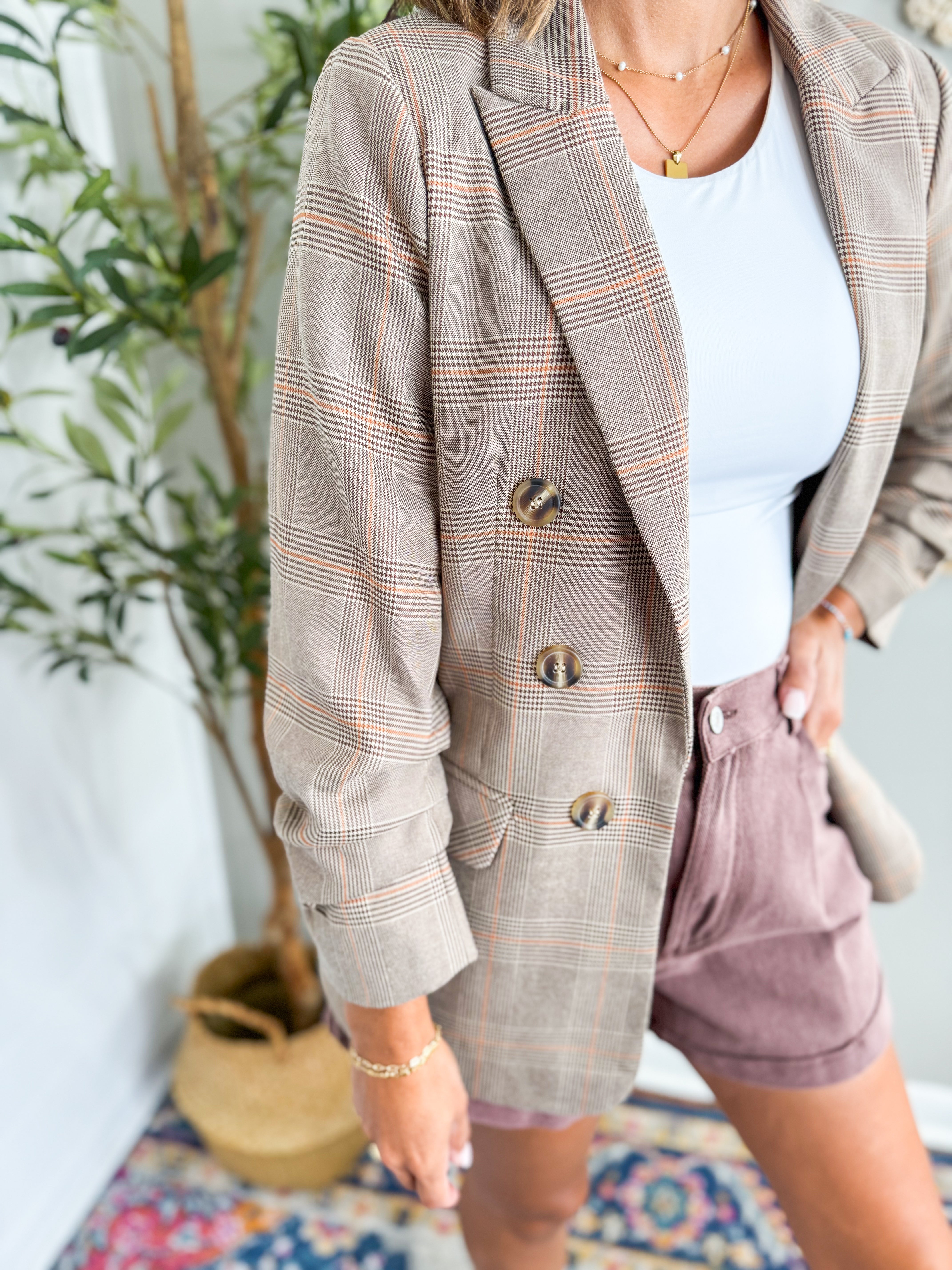 Brown Plaid Ruched Sleeve Blazer