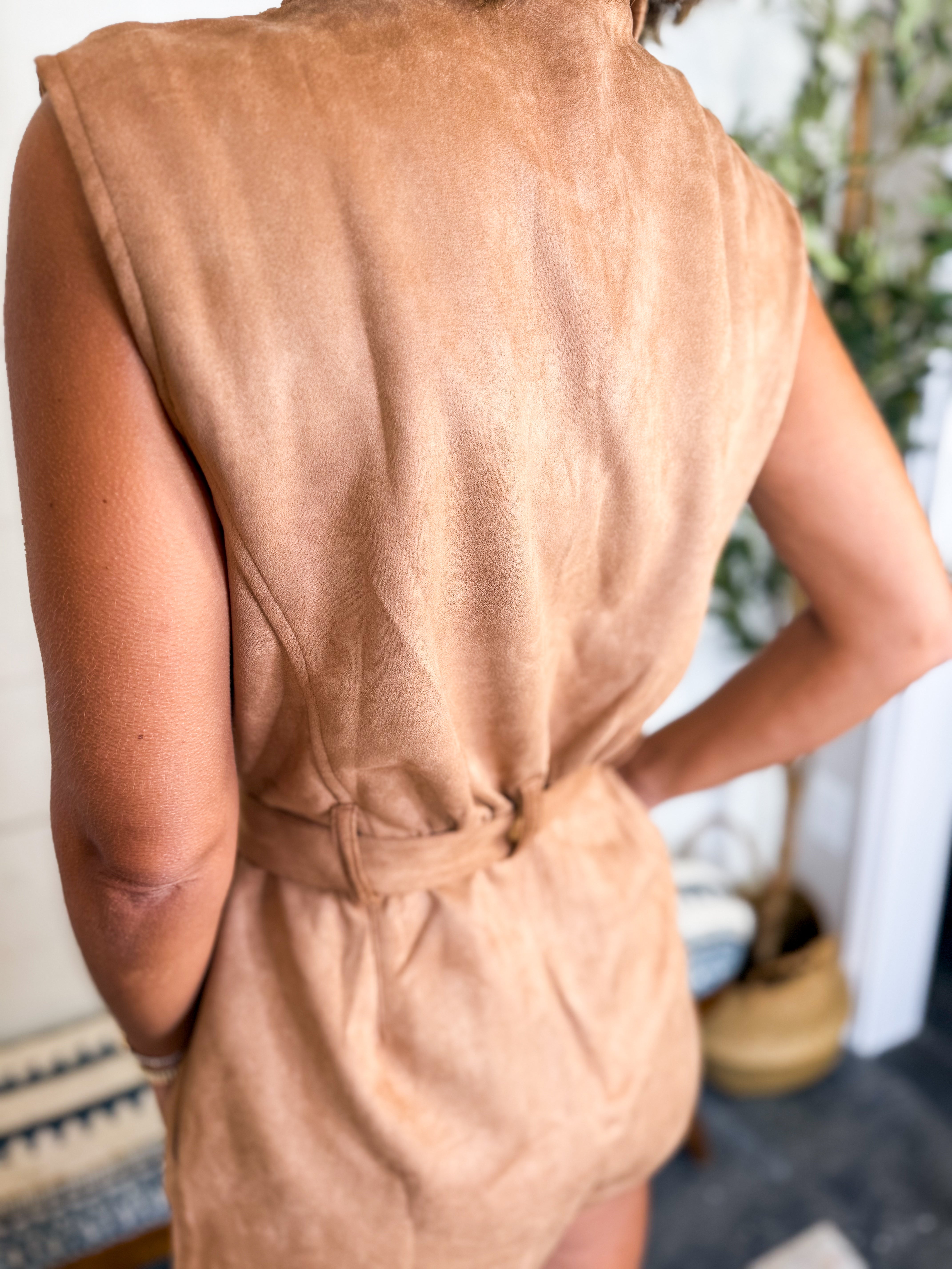 Day + Moon Camel Faux Suede Notch Collared Romper