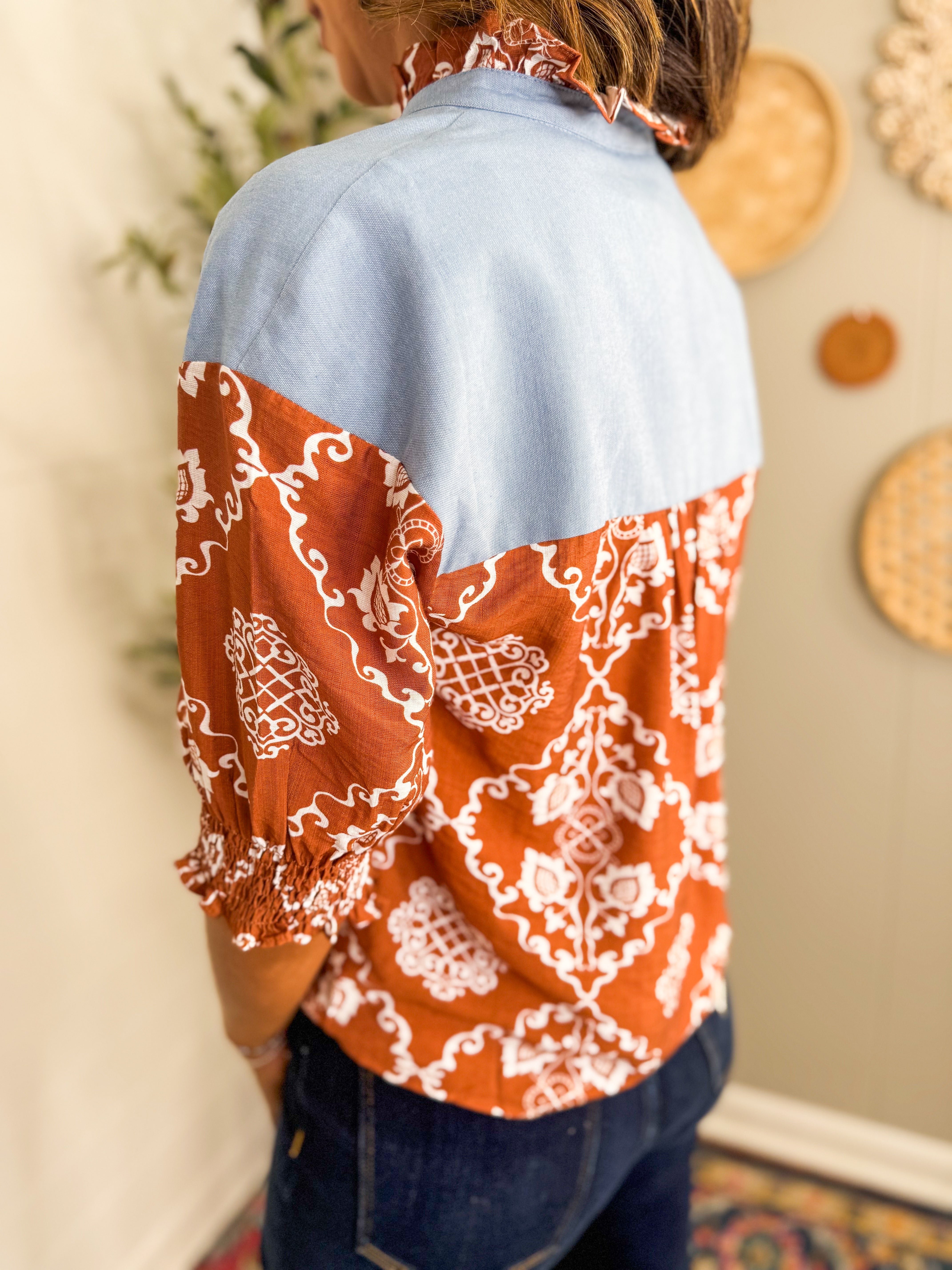 THML Printed Top With Contrast Denim Detail