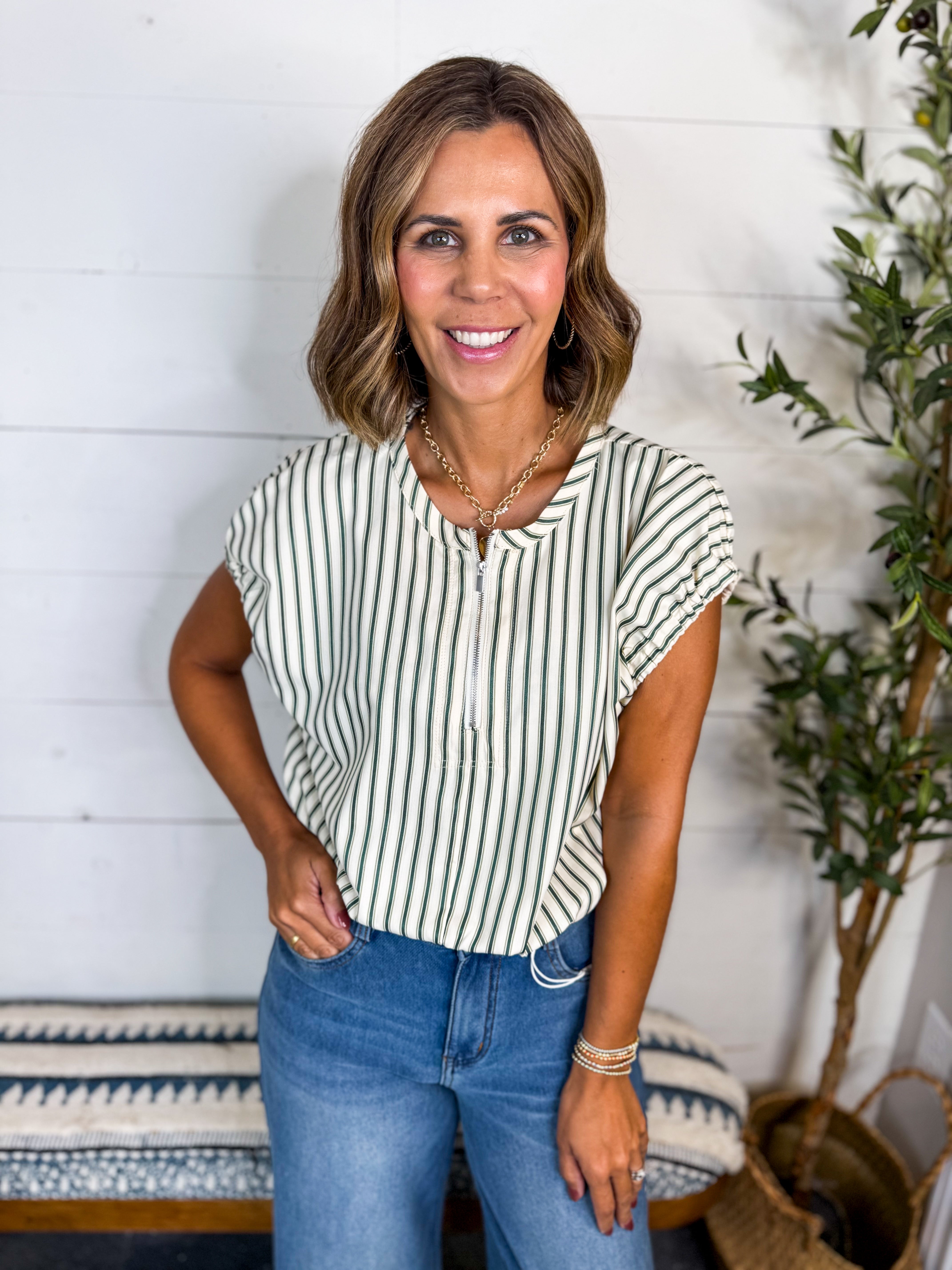 Green Striped Cap Sleeve Top