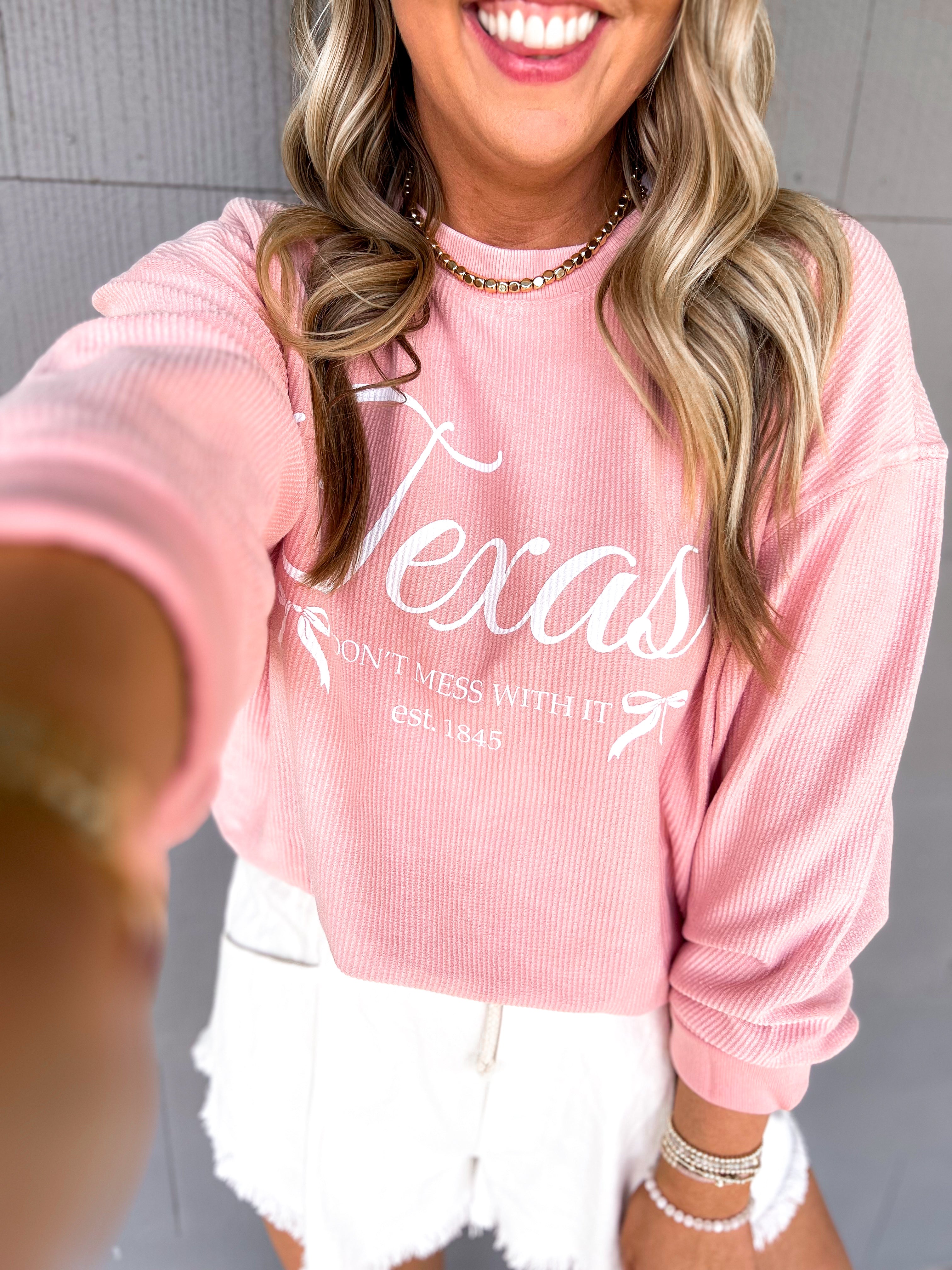 LivyLu Pink Texas Bow Corded Sweatshirt