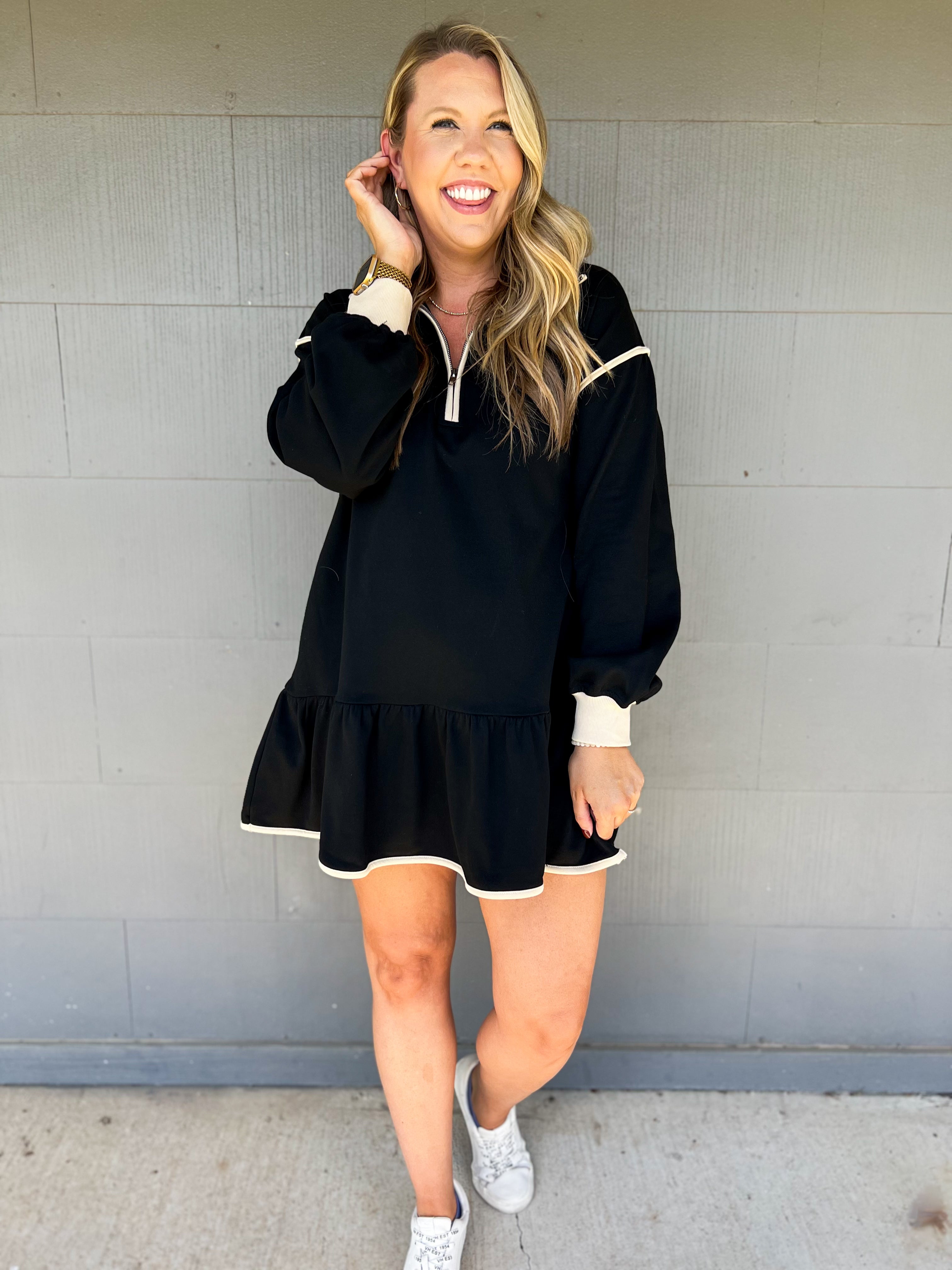 Black Solid Collared Mini Dress