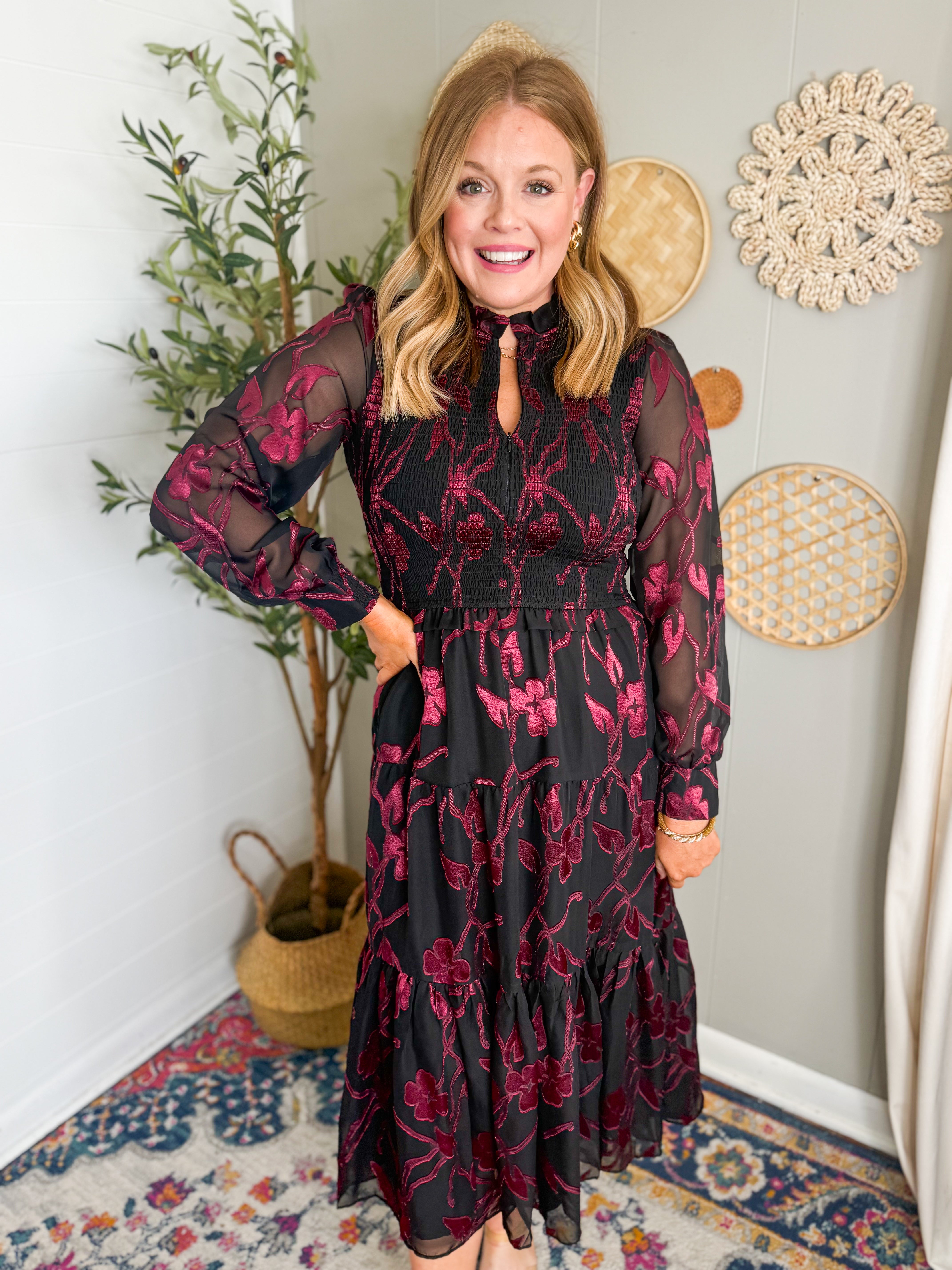 Floral Jacquard Tiered Long Dress