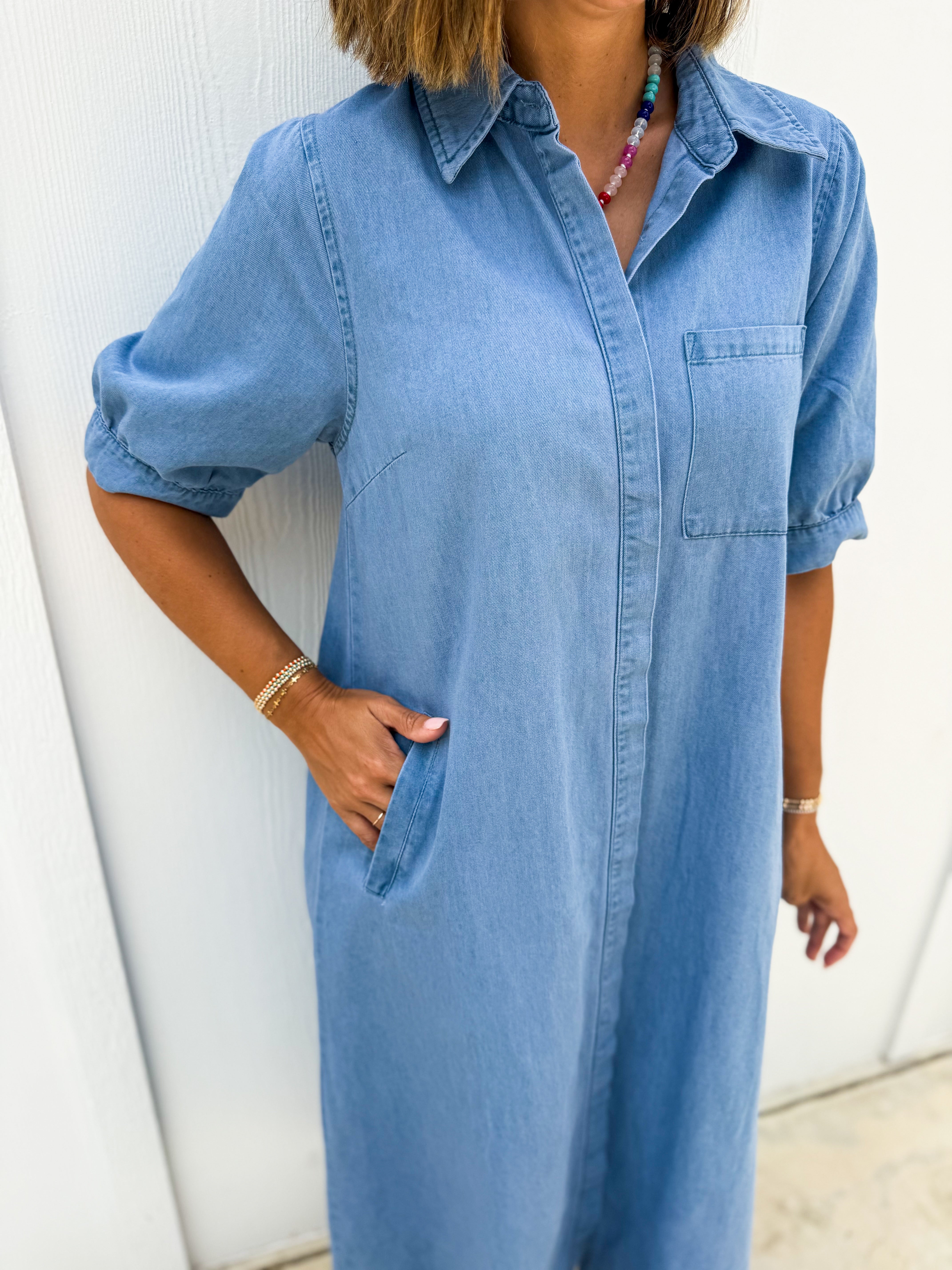 Solid Denim Short Sleeve Midi Dress