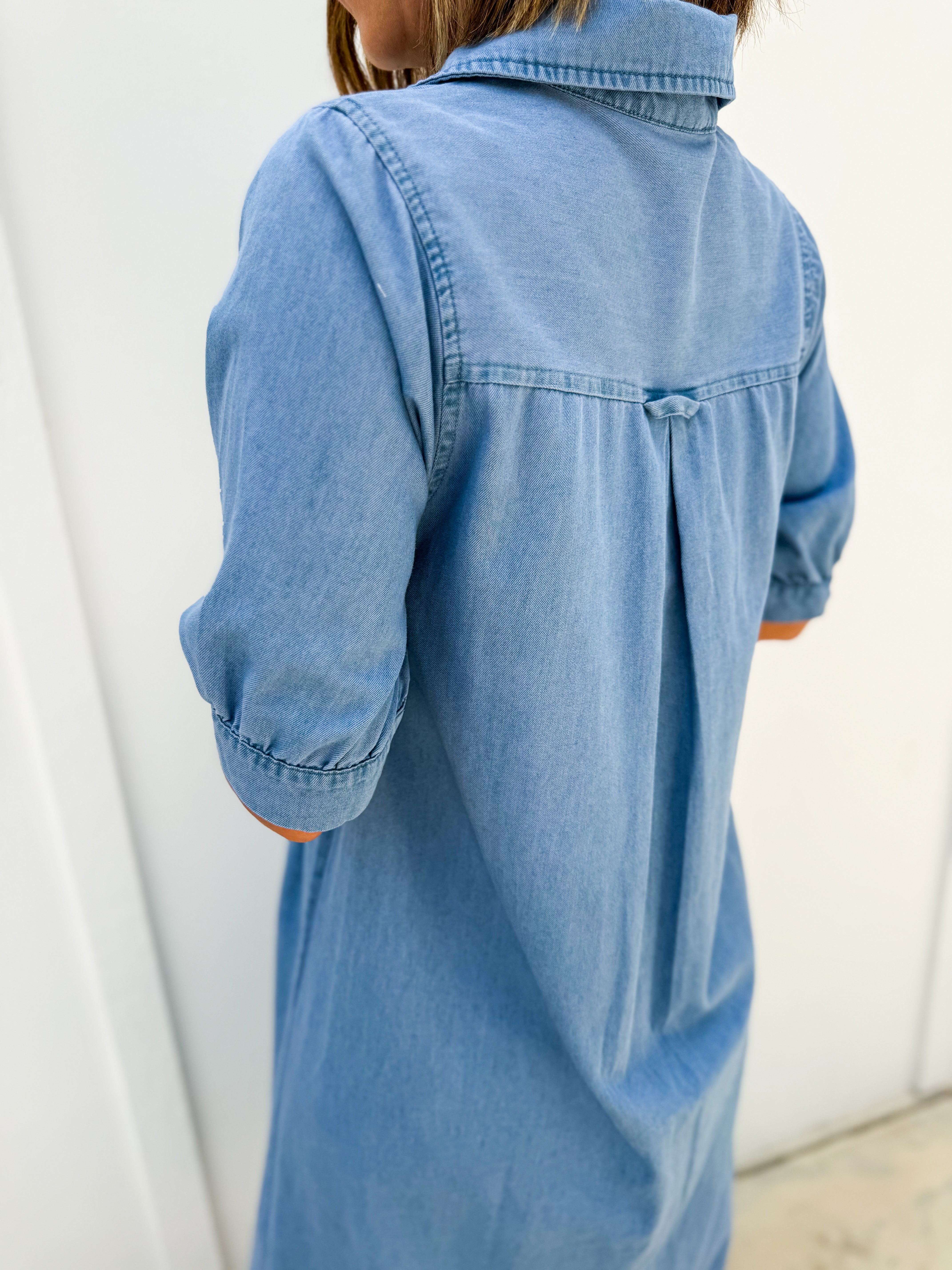 Solid Denim Short Sleeve Midi Dress — Common Roots Boutique
