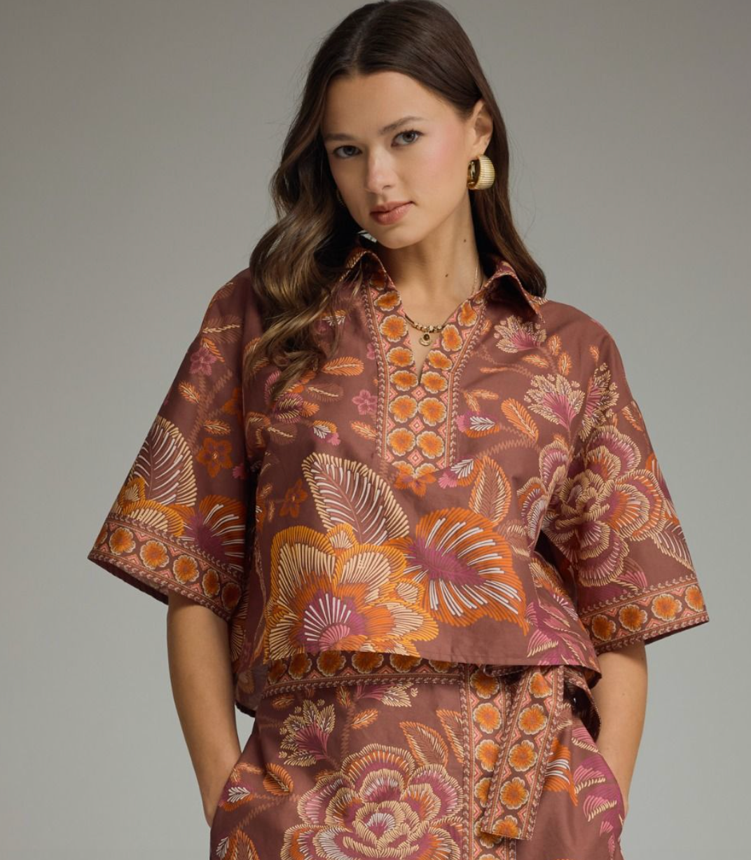 Entro Botanical Print Short Sleeve Top