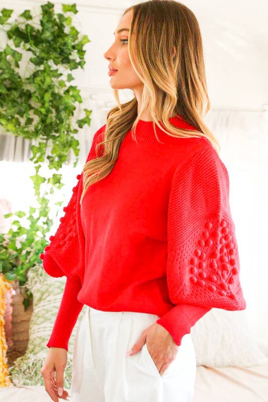 Round Neck Pom Pom Balloon Sleeve Sweater