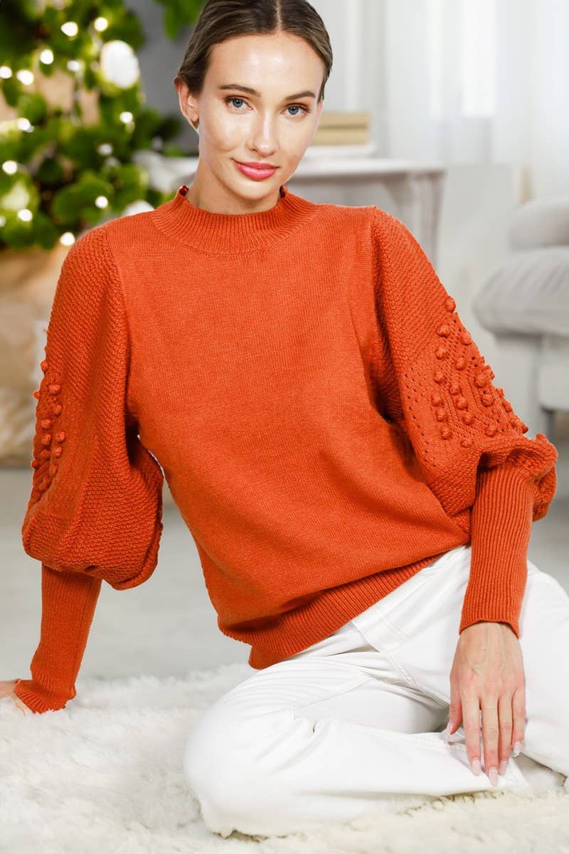 Round Neck Pom Pom Balloon Sleeve Sweater