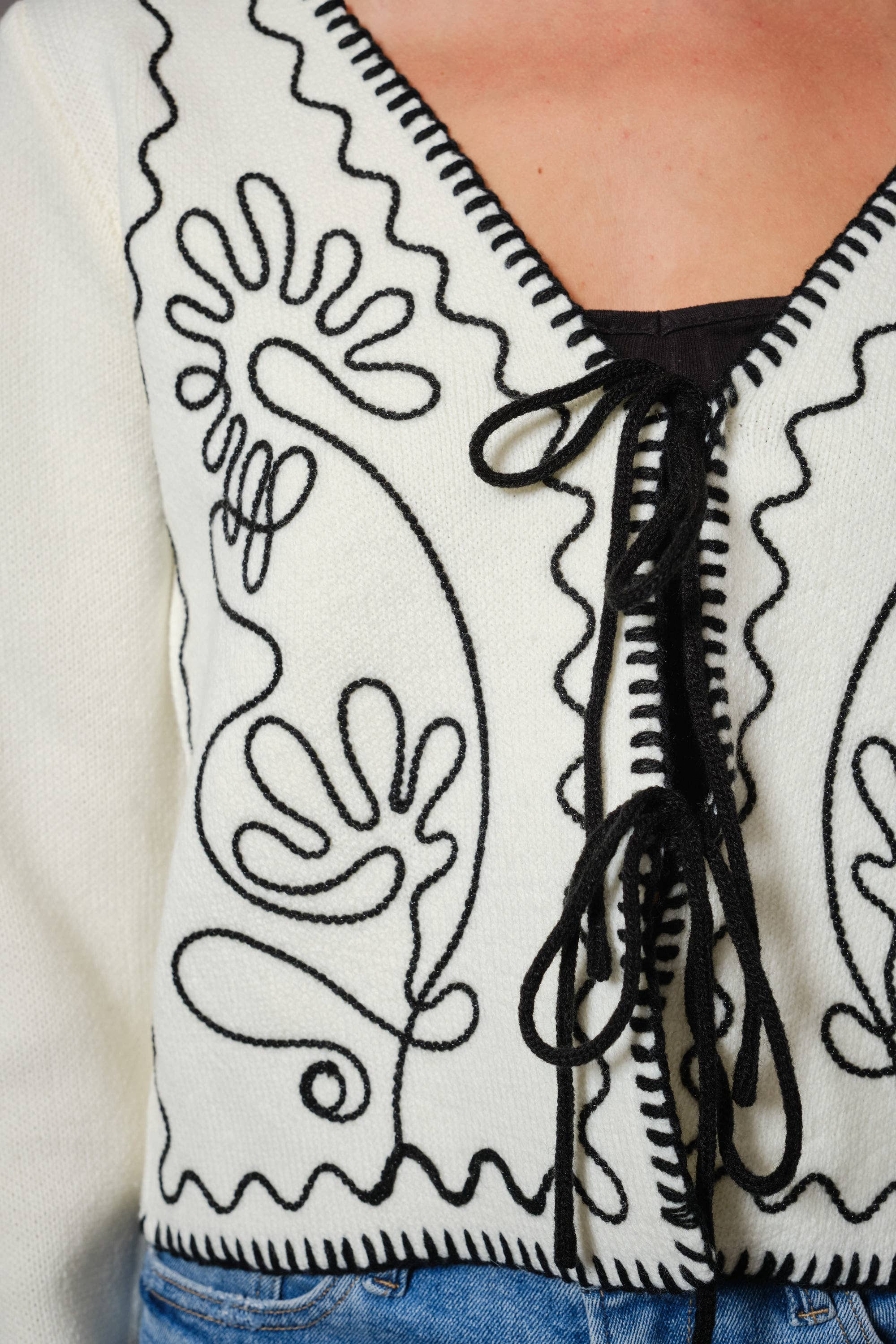 Embroidered Front Tie Cardigan
